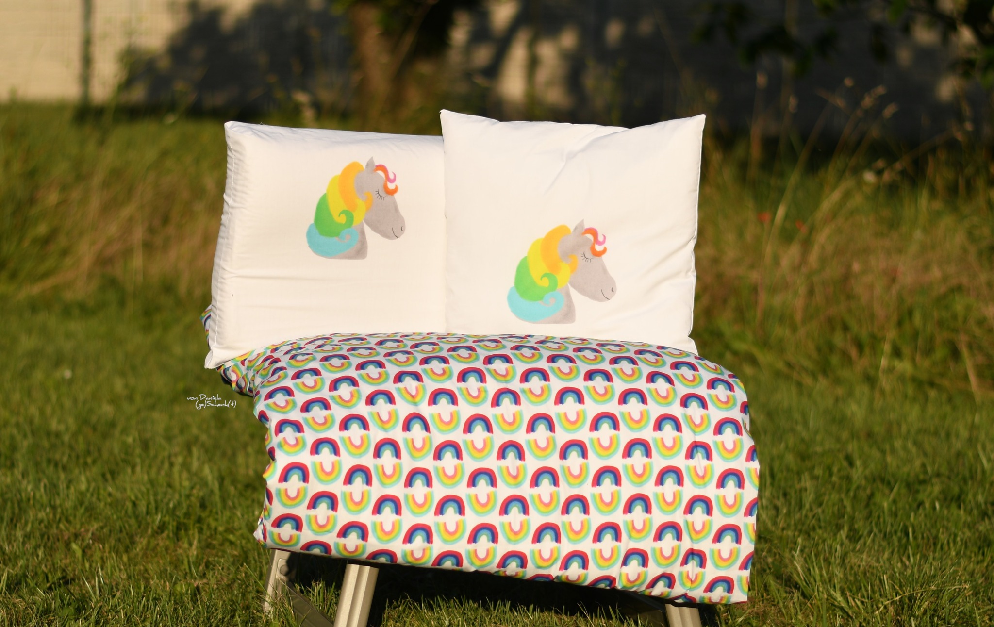 Bio Webware Stoff  -  50 cm Panel Regenbogenponies  - SimoneKelly, Regenbogen, weiß, Fantasy, 100% Bio-Baumwolle