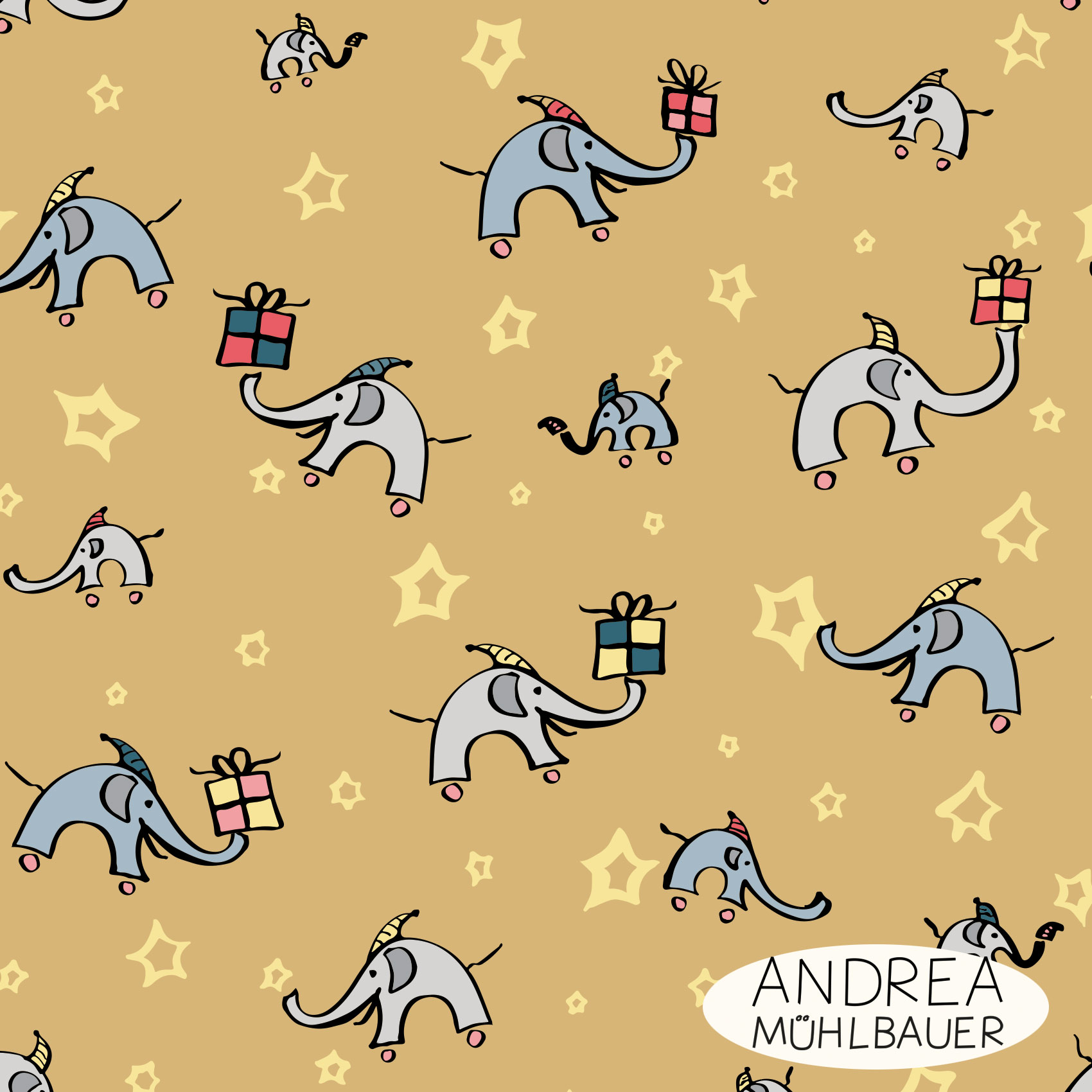 Bio Summersweat Stoff  - Christmas Elephants and Stars on Honey - AndreaMuehlbauer, Tiere, Weihnachten, gelb, Breite 150 cm