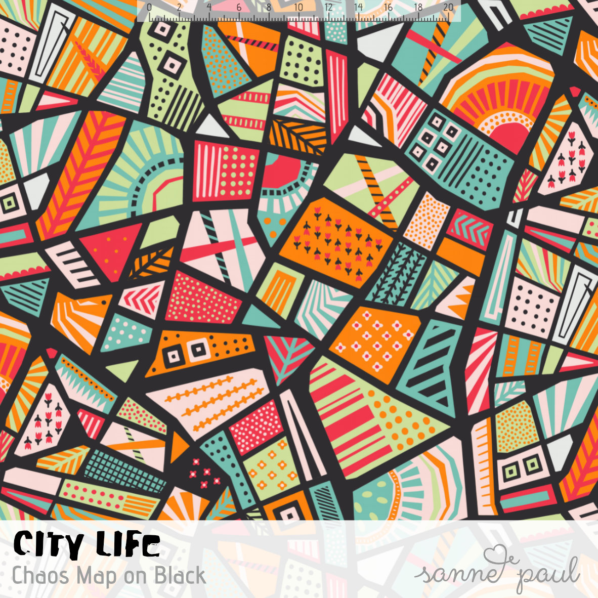 Bio Webware Stoff  - City Life Chaos Map on Black - SannePaul, bunt, Abstrakt, 100% Bio-Baumwolle