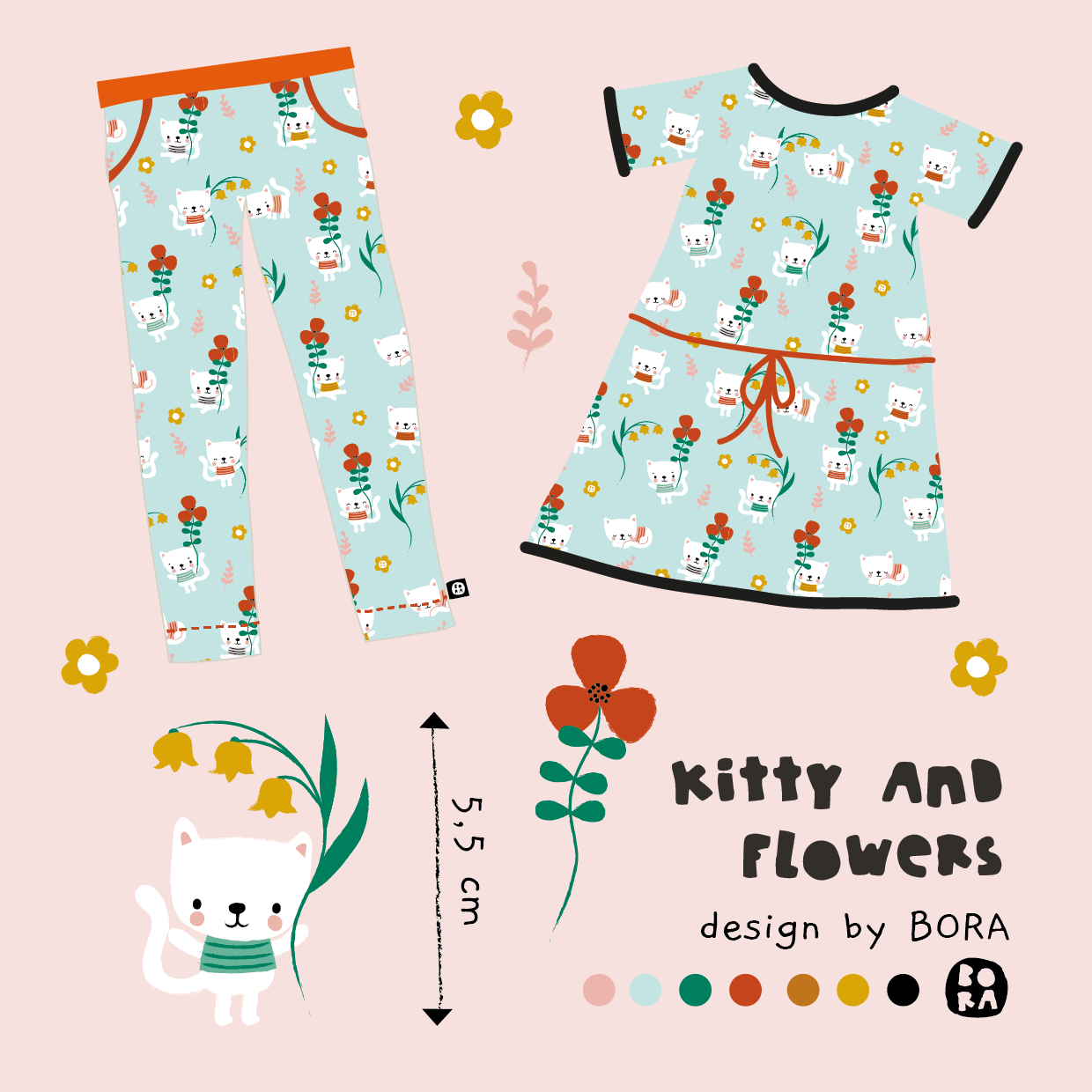 Bio Webware Stoff  -  Kitty And Flowers  - Bora, Tiere, Floral & Blumen, mint, 100% Bio-Baumwolle