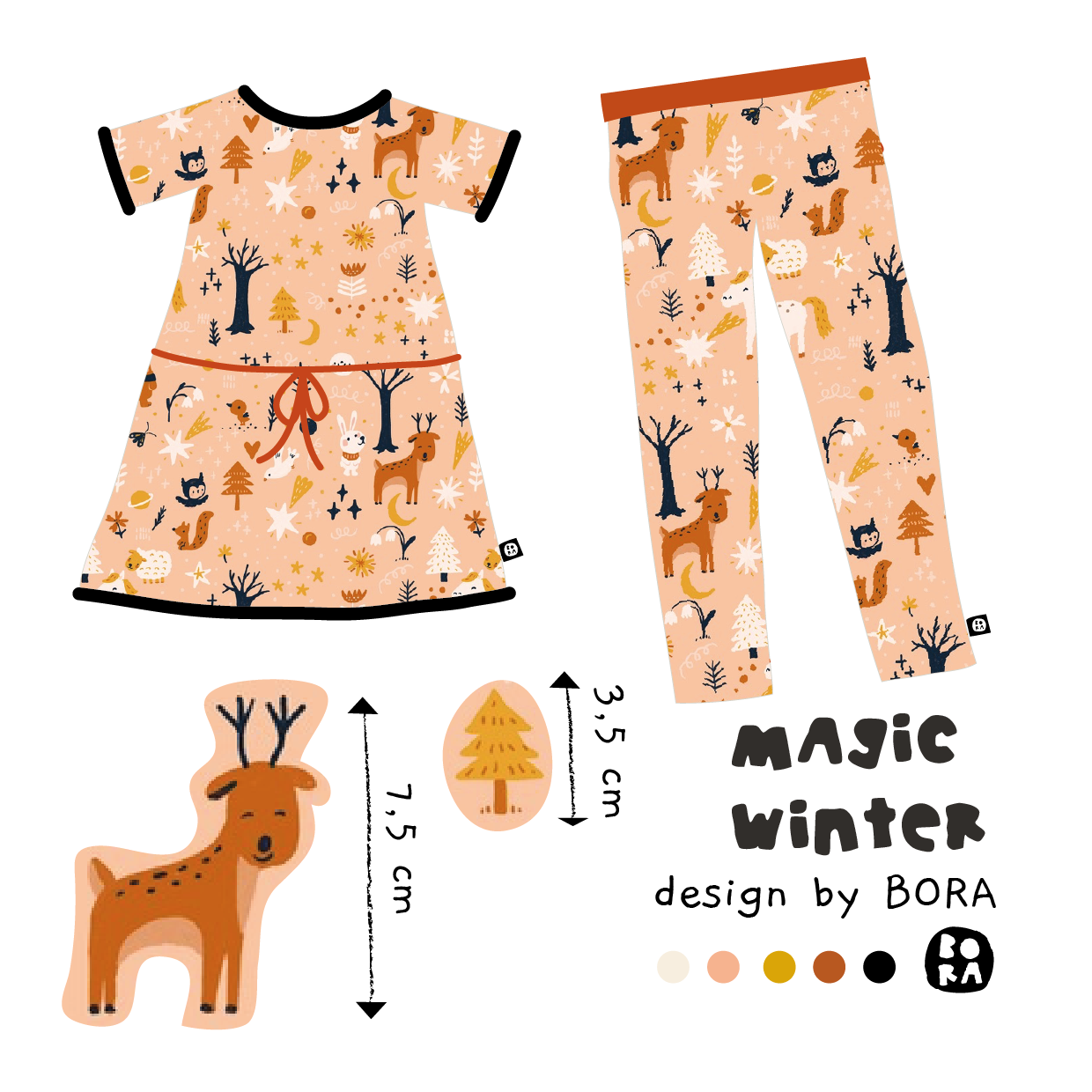 Bio Webware Stoff  -  Magic Winter  - Bora, Bäume & Palmen, orange, Tiere, Wald, 100% Bio-Baumwolle