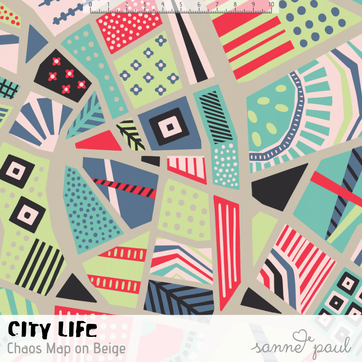 Bio Webware Stoff  - City Life Chaos Map on beige - SannePaul, bunt, Abstrakt, 100% Bio-Baumwolle