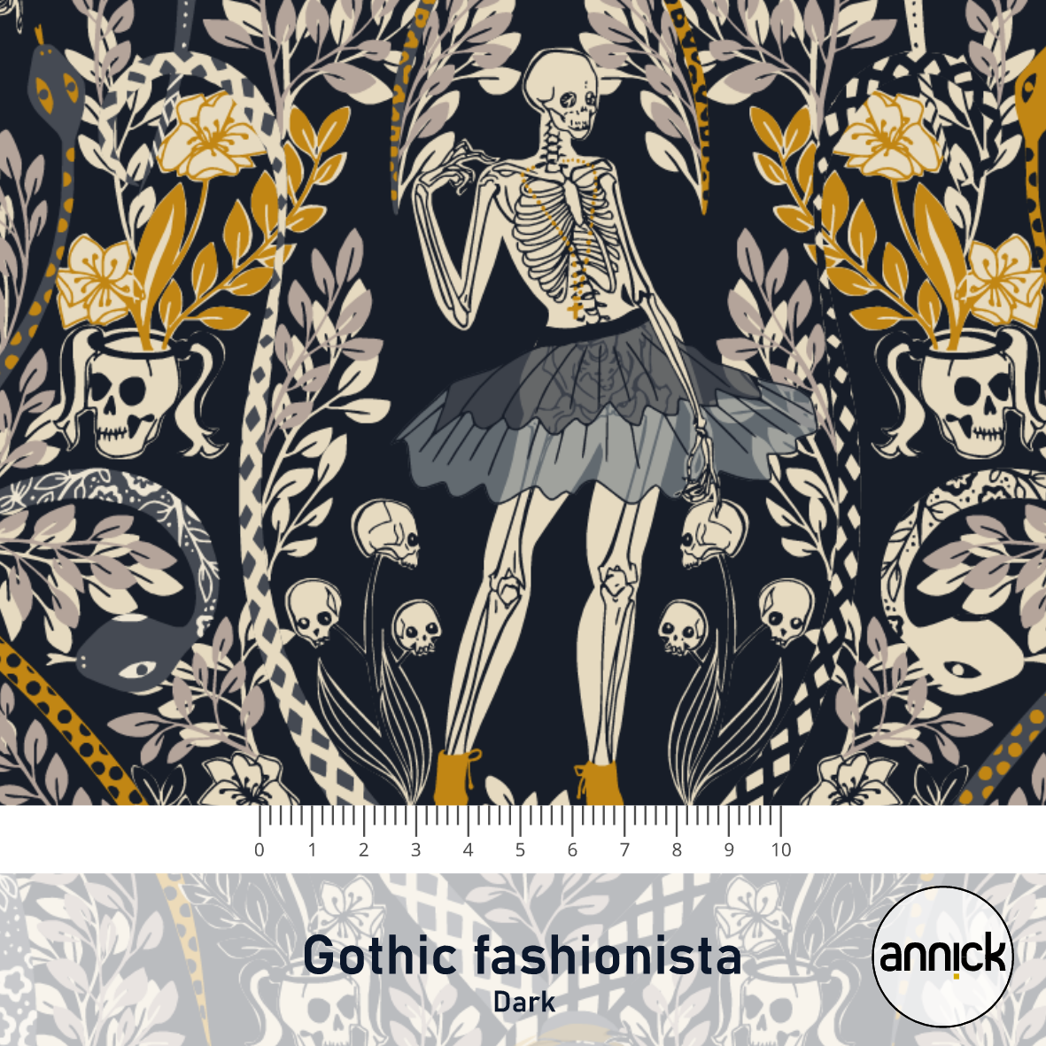 Bio Webware Stoff  -  Gothic Fashionista Dark  - Annick, schwarz, Menschen, Halloween, 100% Bio-Baumwolle