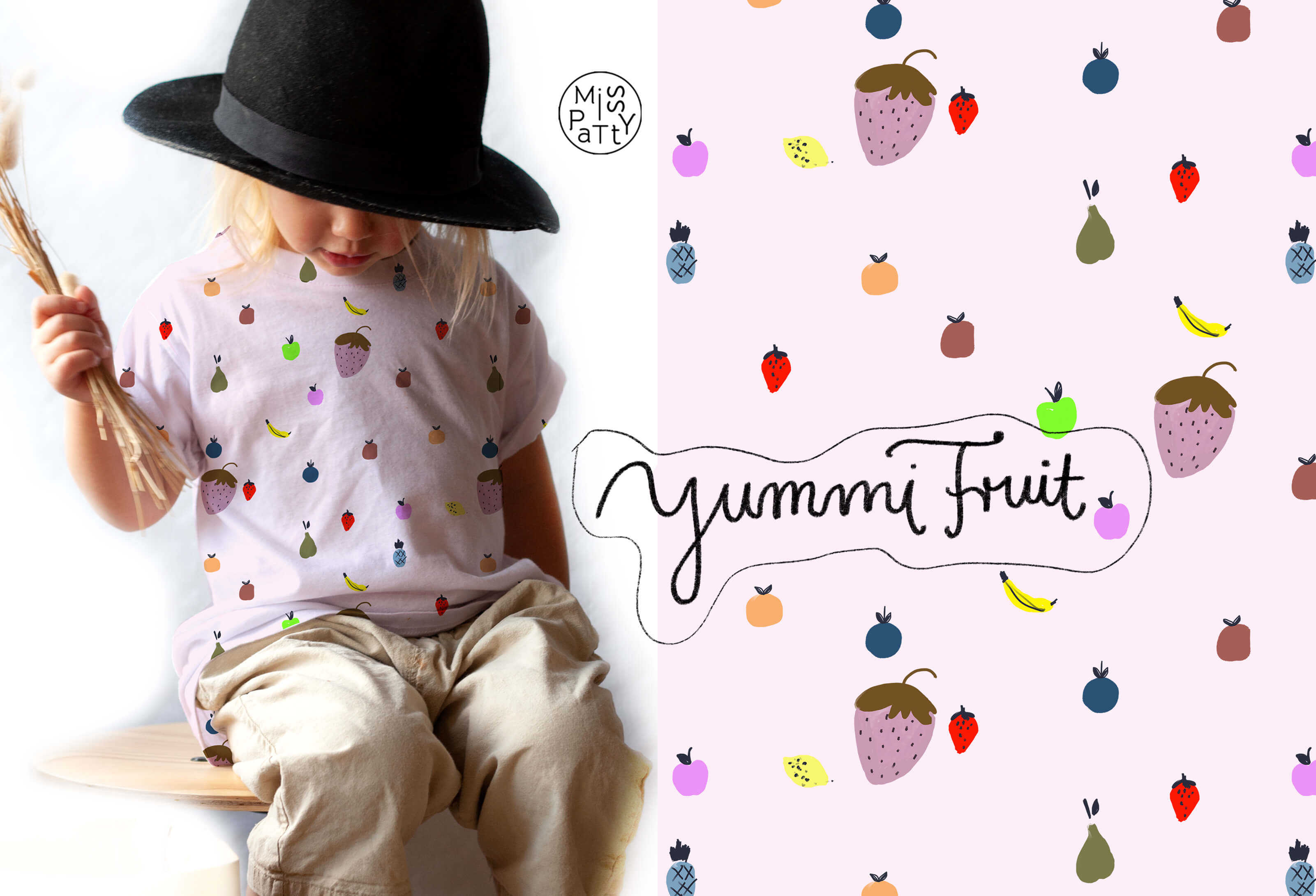 Bio Webware Stoff  -  Yummi Fruit  - MissPatty, bunt, rosa, Obst & Gemüse, 100% Bio-Baumwolle