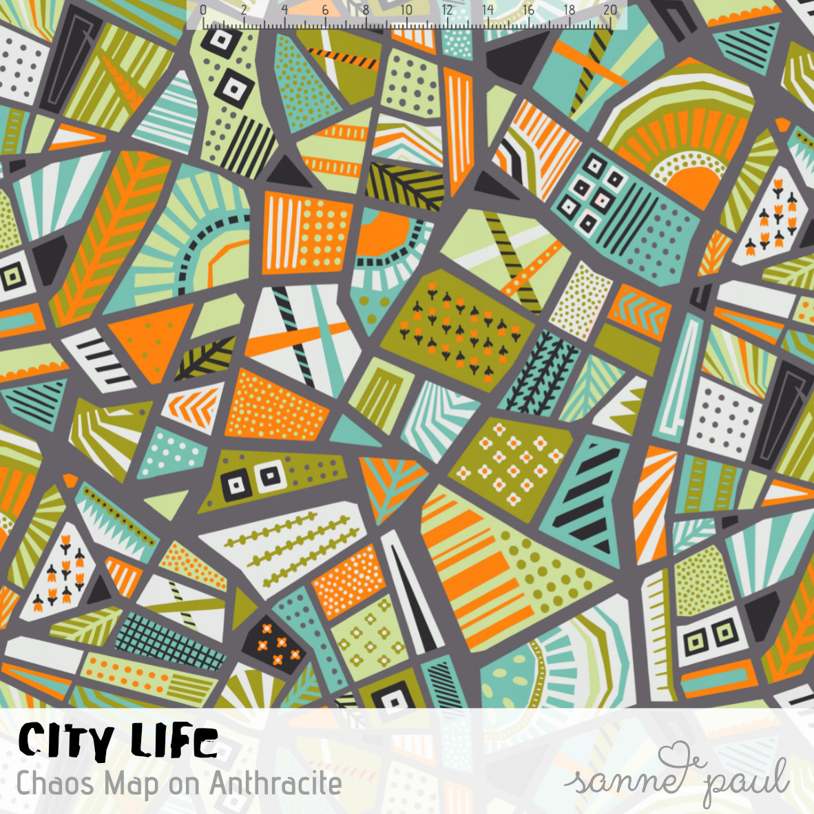 Bio Webware Stoff  - City Life Chaos Map on Anthracite - SannePaul, bunt, Abstrakt, 100% Bio-Baumwolle