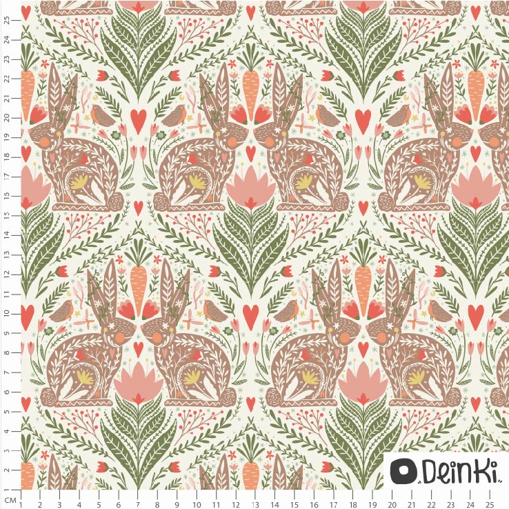 Bio Summersweat Stoff  - Folk Osterhase Damask Weiß grün bunt - Deinki, bunt, Tiere, Ostern Breite 150 cm