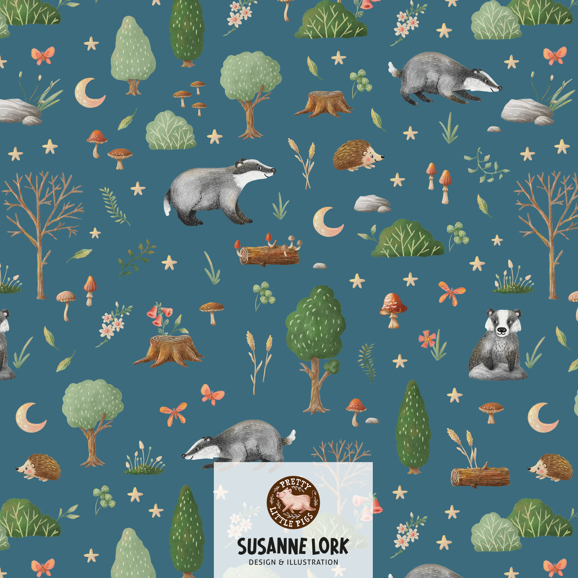 Bio Webware Stoff  -  Dachswald Blue  - PrettyLittlePigs, blau, Wald, Tiere, Herbst, 100% Bio-Baumwolle