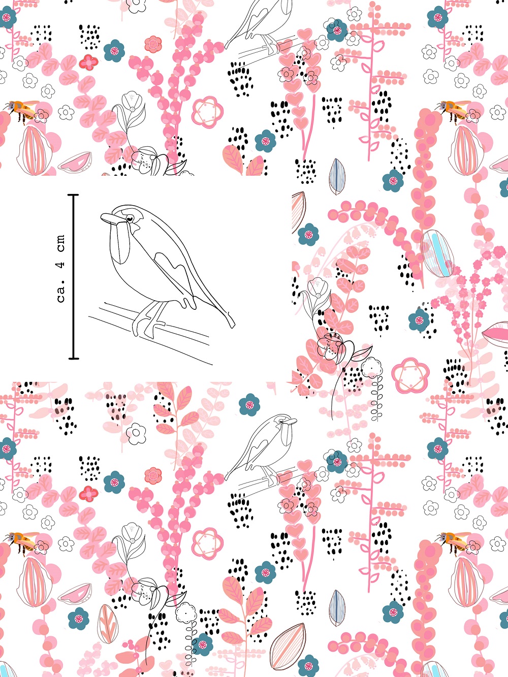 Bio Webware Stoff  -  Frühlingsflattern  - MissPatty, weiß, rosa, Buchstaben & Zahlen, 100% Bio-Baumwolle