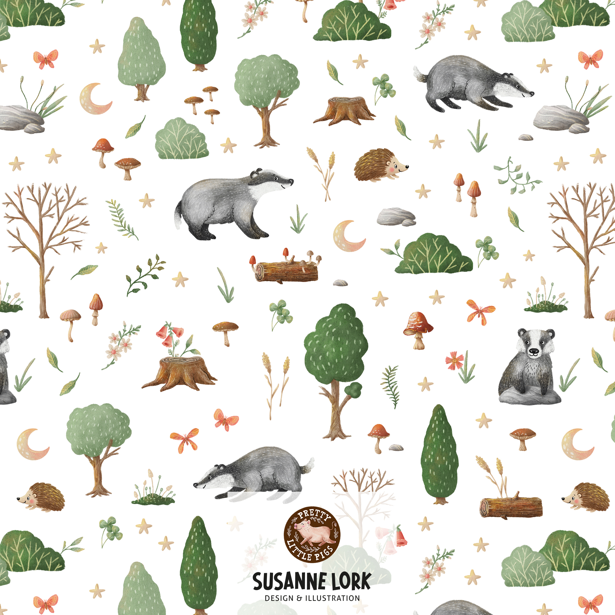 Bio Webware Stoff  -  Dachswald White  - PrettyLittlePigs, weiß, Wald, Tiere, Herbst, 100% Bio-Baumwolle