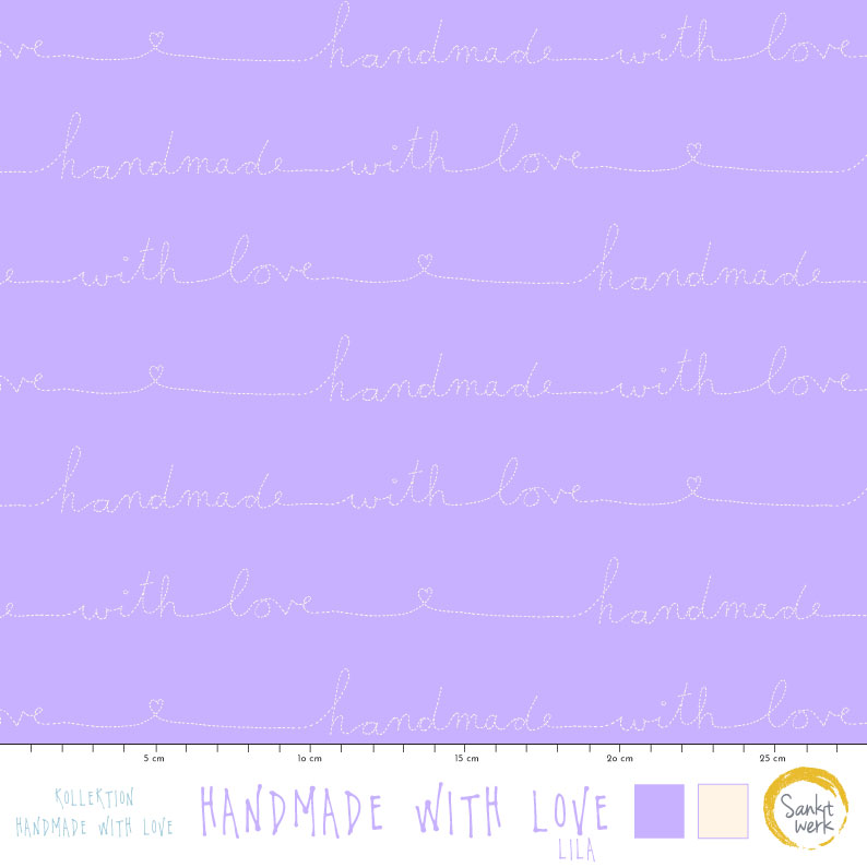 Bio Webware Stoff  - Handmade with love lila - Sanktwerk, lila, Schrift, 100% Bio-Baumwolle