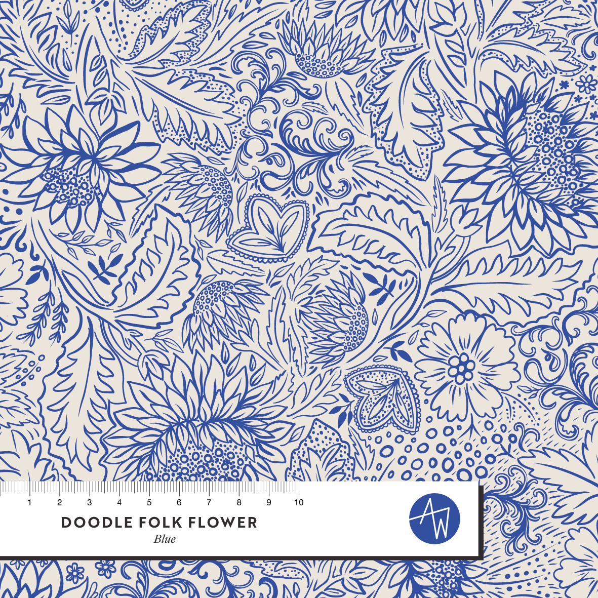 Bio Summersweat Stoff  - Doodle Folk Flower Blue - AlexandraWeise, blau, Floral & Blumen, Breite 150 cm