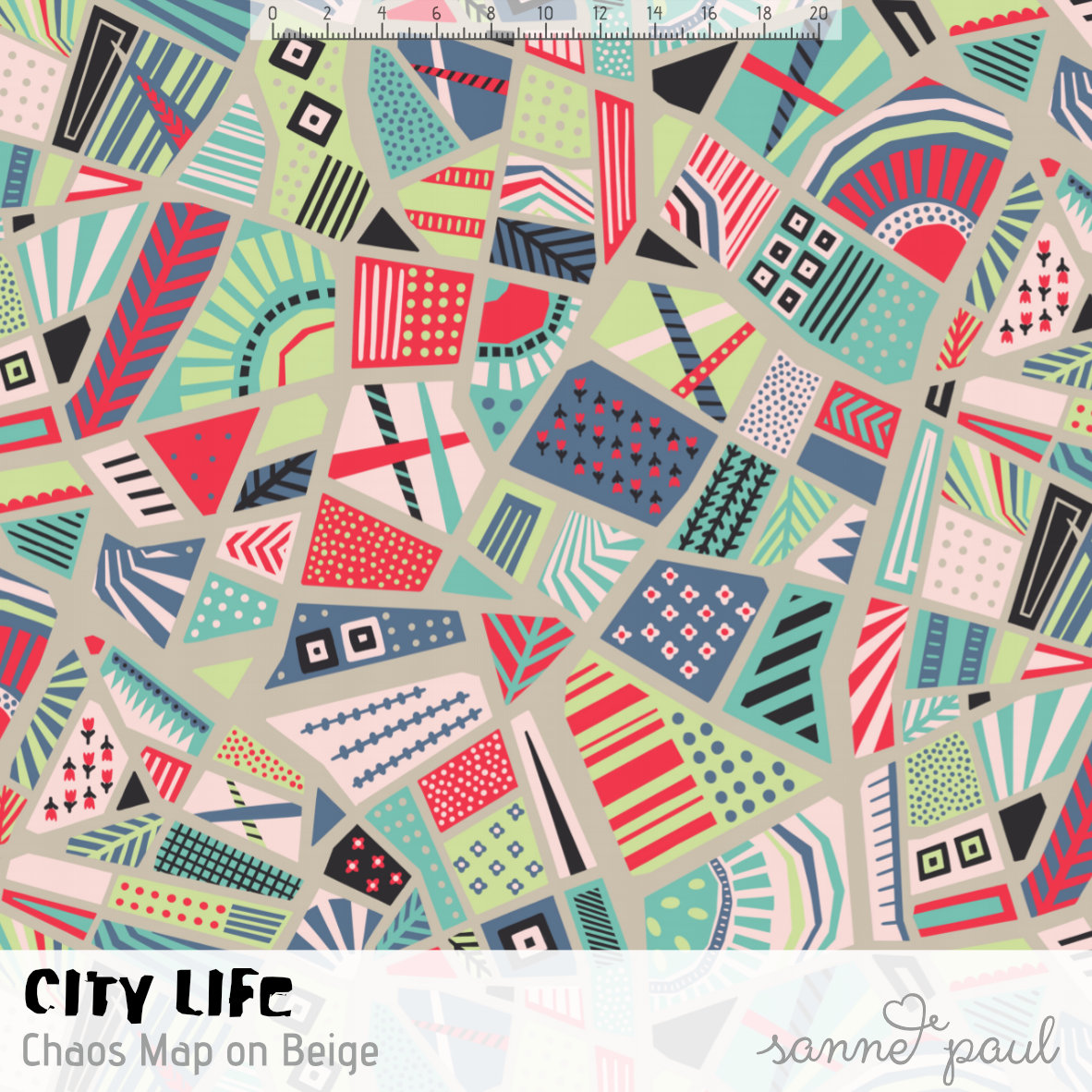 Bio Webware Stoff  - City Life Chaos Map on beige - SannePaul, bunt, Abstrakt, 100% Bio-Baumwolle