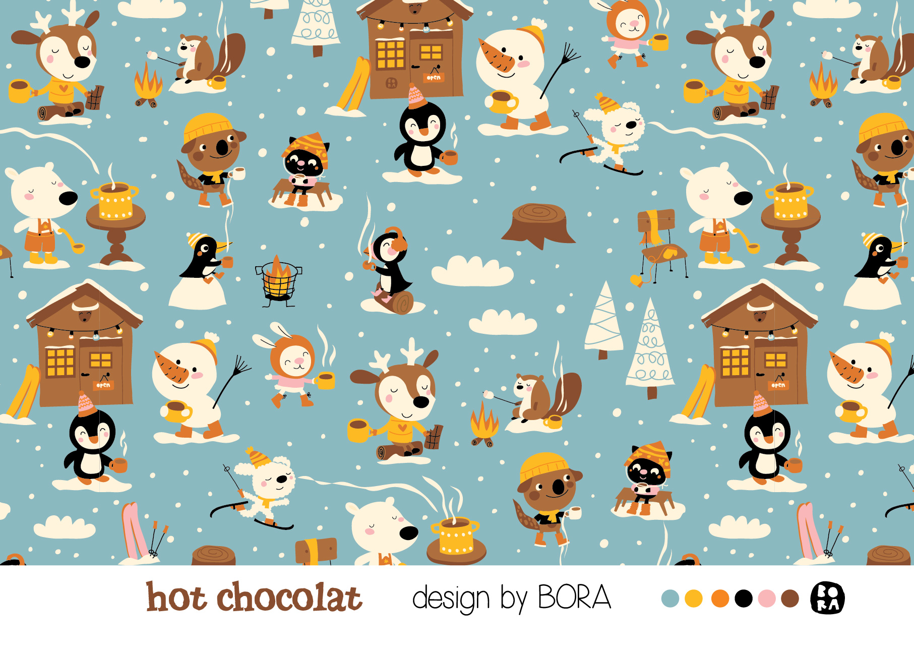 Bio Webware Stoff  -  Hot Chocolate  - Bora, Tiere, blau, braun, beige, 100% Bio-Baumwolle