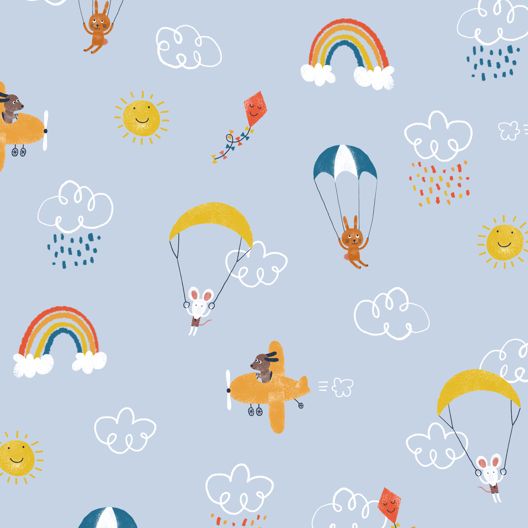 Bio Webware Stoff  -  High In The Sky  - PetraCoumans, bunt, Tiere, Fahrzeuge, Regenbogen, lila, 100% Bio-Baumwolle