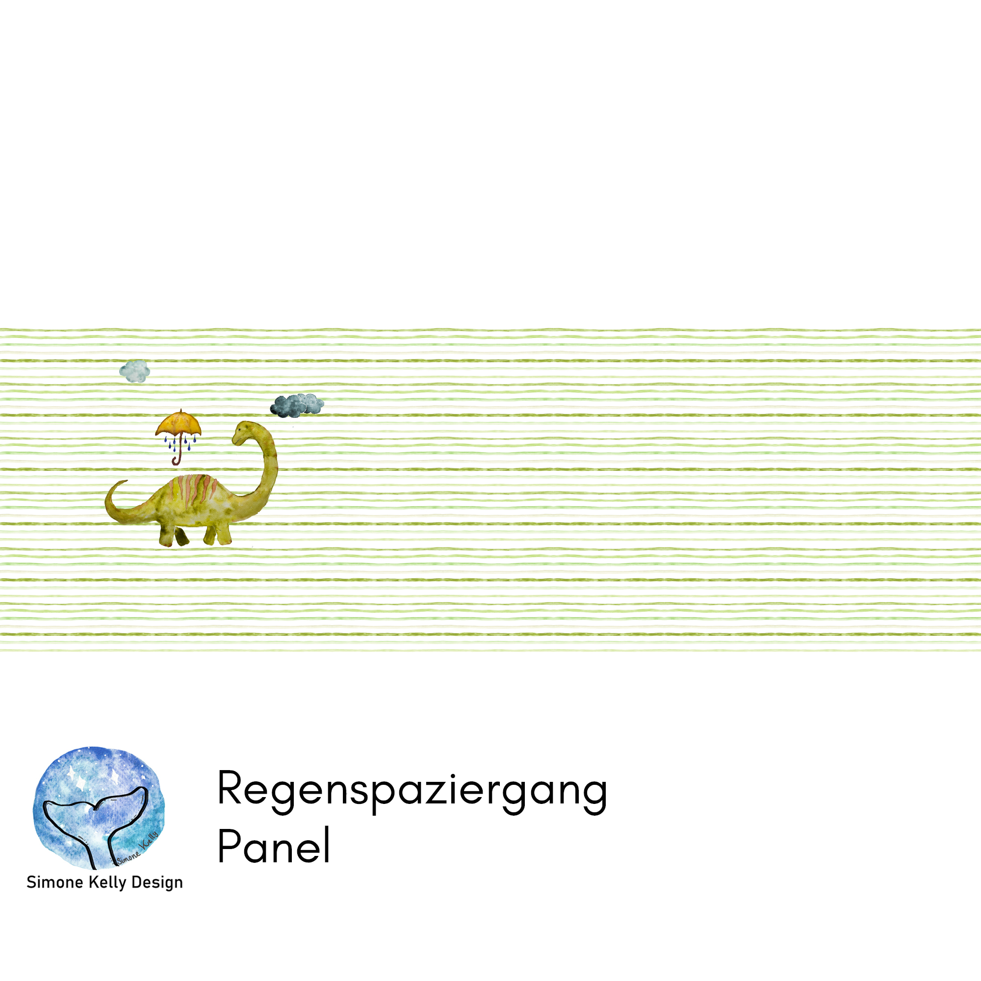 Bio Webware Stoff  -  50 cm Panel Regenspaziergang  - SimoneKelly, grün, Streifen, Dinosaurier, 100% Bio-Baumwolle