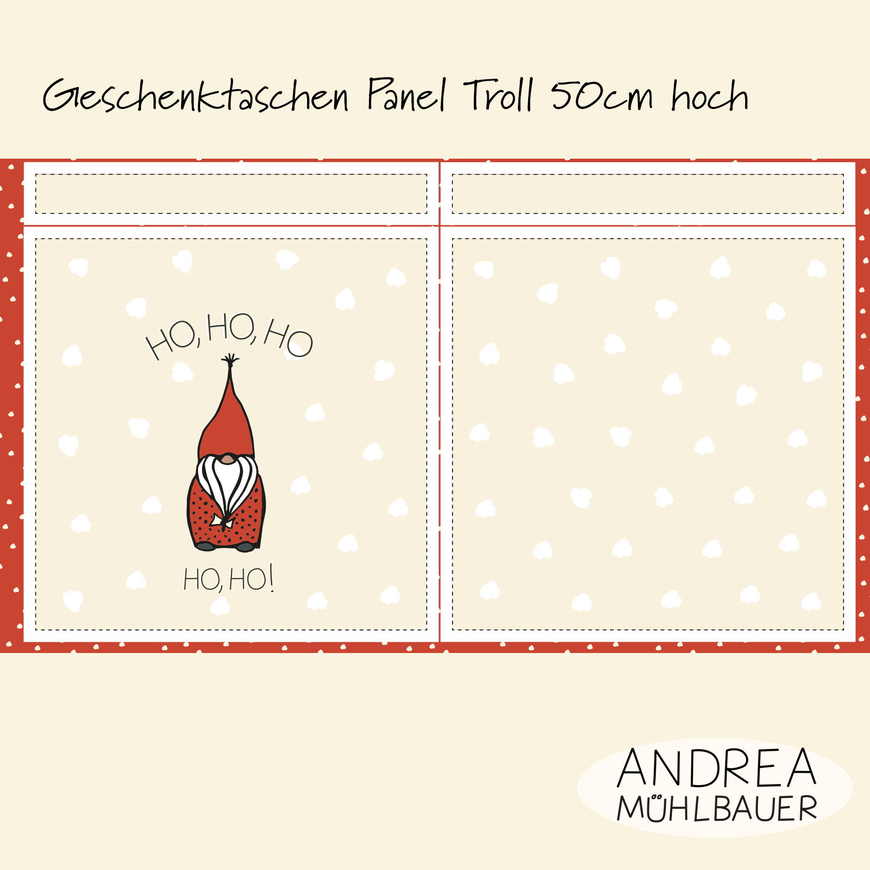 Bio Webware Stoff  -  50 cm Panel Geschenktasche Christmas in the Forest Troll red  - AndreaMuehlbauer, creme, Cut & Sew, 100% Bio-Baumwolle