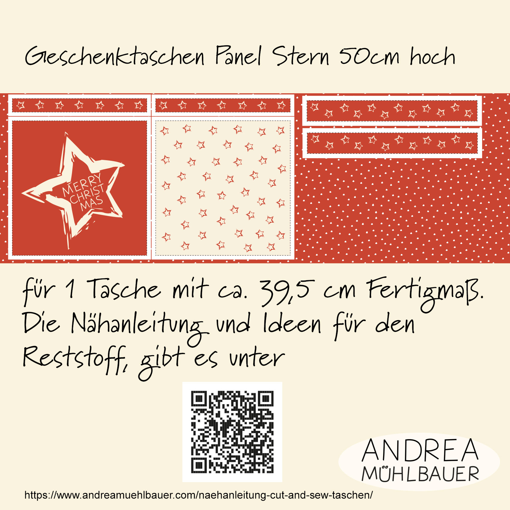 Bio Webware Stoff  -  50 cm Panel Geschenktasche Stars Red  - AndreaMuehlbauer, rot, 100% Bio-Baumwolle