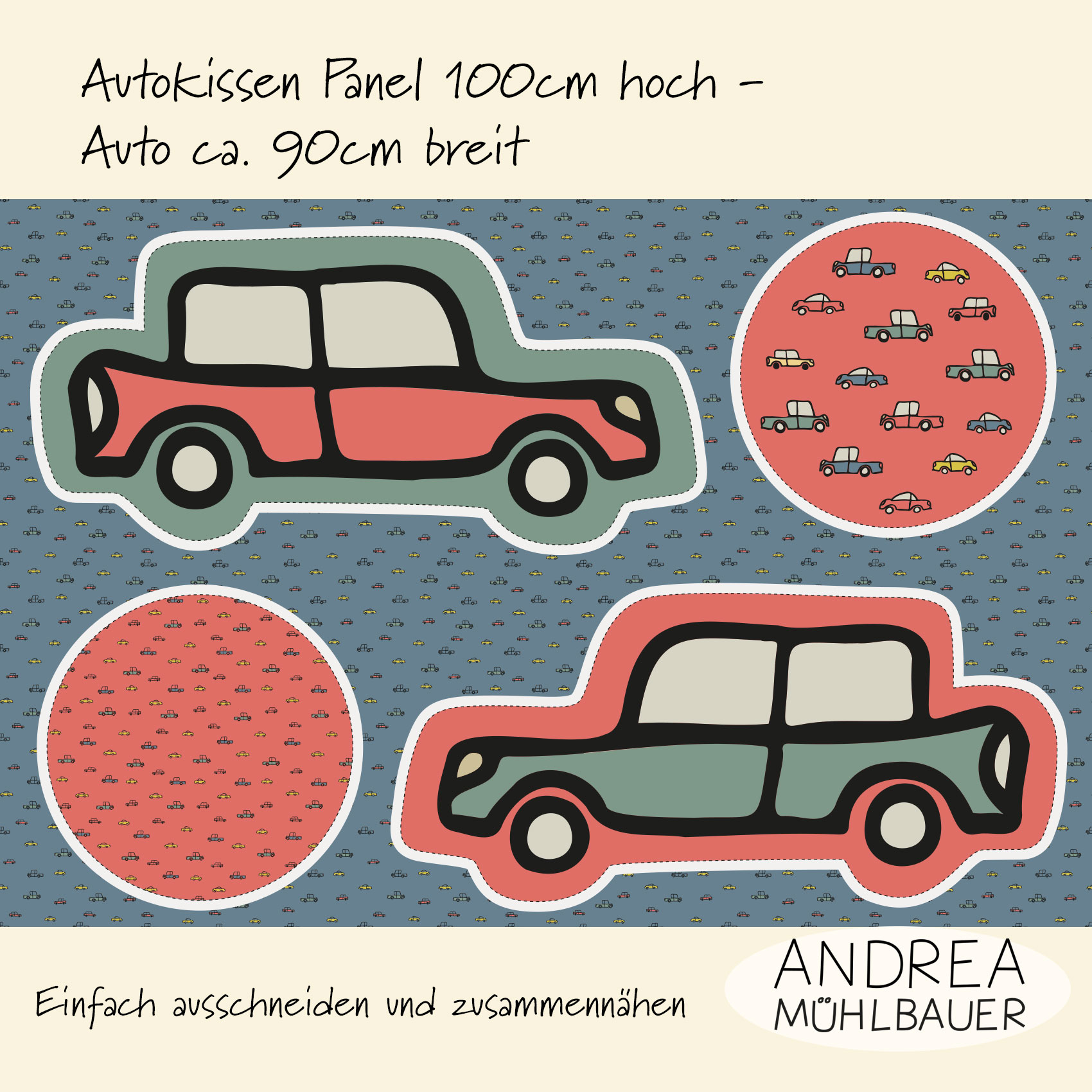 Bio Summersweat Stoff  -  1 m Panel City Summer Dust Limousine Large  - AndreaMuehlbauer, blau, rot, Fahrzeuge, Breite 150 cm