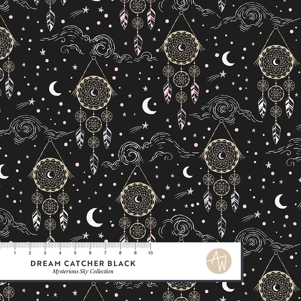 Bio Webware Stoff  -  Dream Catcher Black  - AlexandraWeise, schwarz, Sonne, Mond und Sterne, 100% Bio-Baumwolle