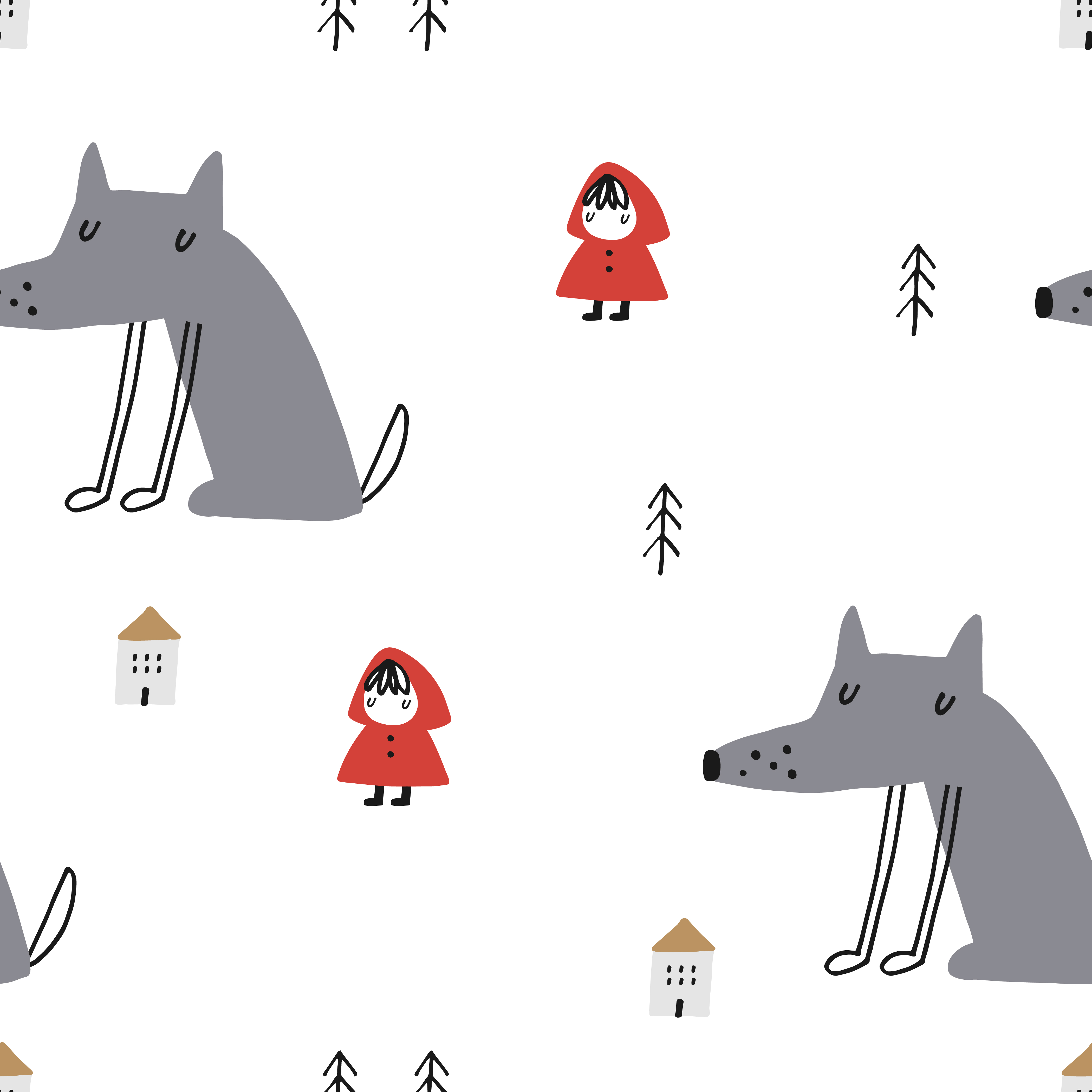 Bio Webware Stoff  -  Little Red Riding Hood Wolf  - LilleSelection, weiß, Tiere, grau, rot, Menschen, 100% Bio-Baumwolle