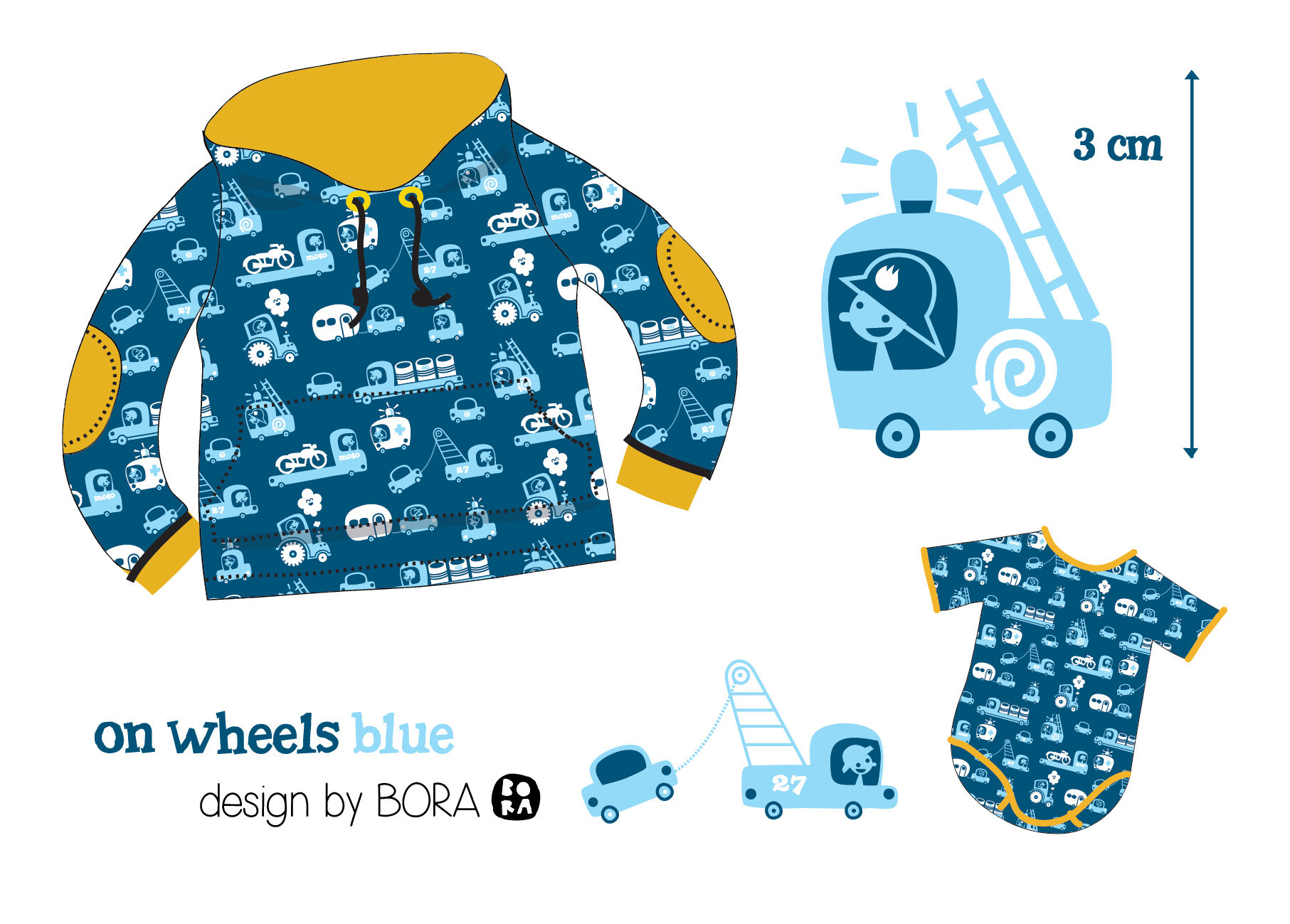 Bio Webware Stoff  -  On Wheels Blue  - Bora, Fahrzeuge, blau, 100% Bio-Baumwolle