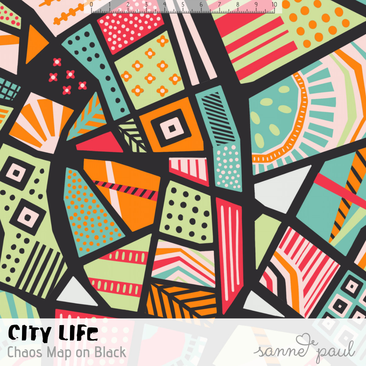 Bio Webware Stoff  - City Life Chaos Map on Black - SannePaul, bunt, Abstrakt, 100% Bio-Baumwolle