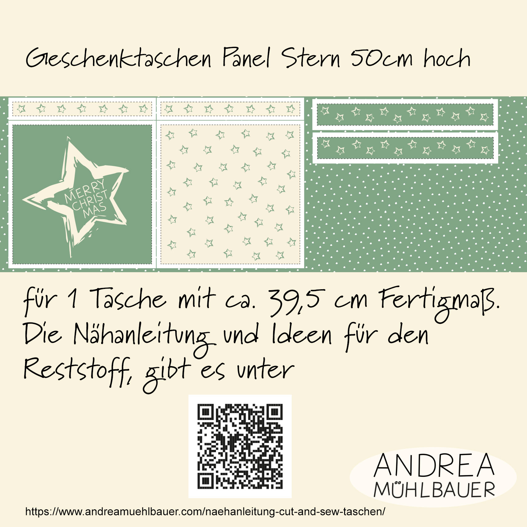 Bio Webware Stoff  -  50 cm Panel Geschenktasche Stars sage  - AndreaMuehlbauer, grün, 100% Bio-Baumwolle