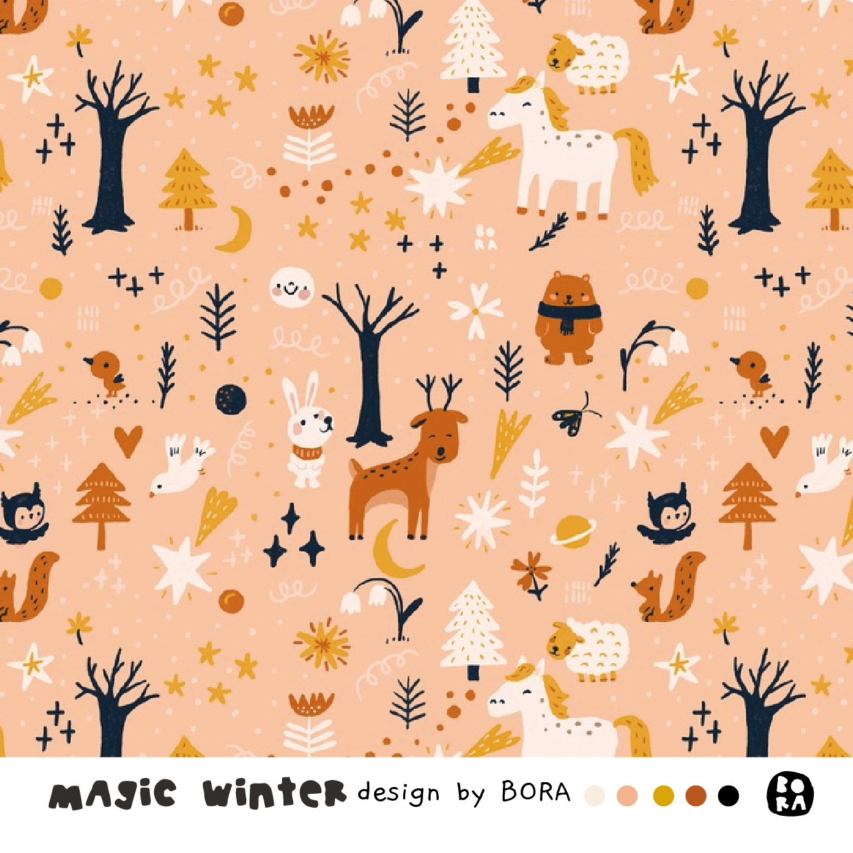 Bio Webware Stoff  -  Magic Winter  - Bora, Bäume & Palmen, orange, Tiere, Wald, 100% Bio-Baumwolle