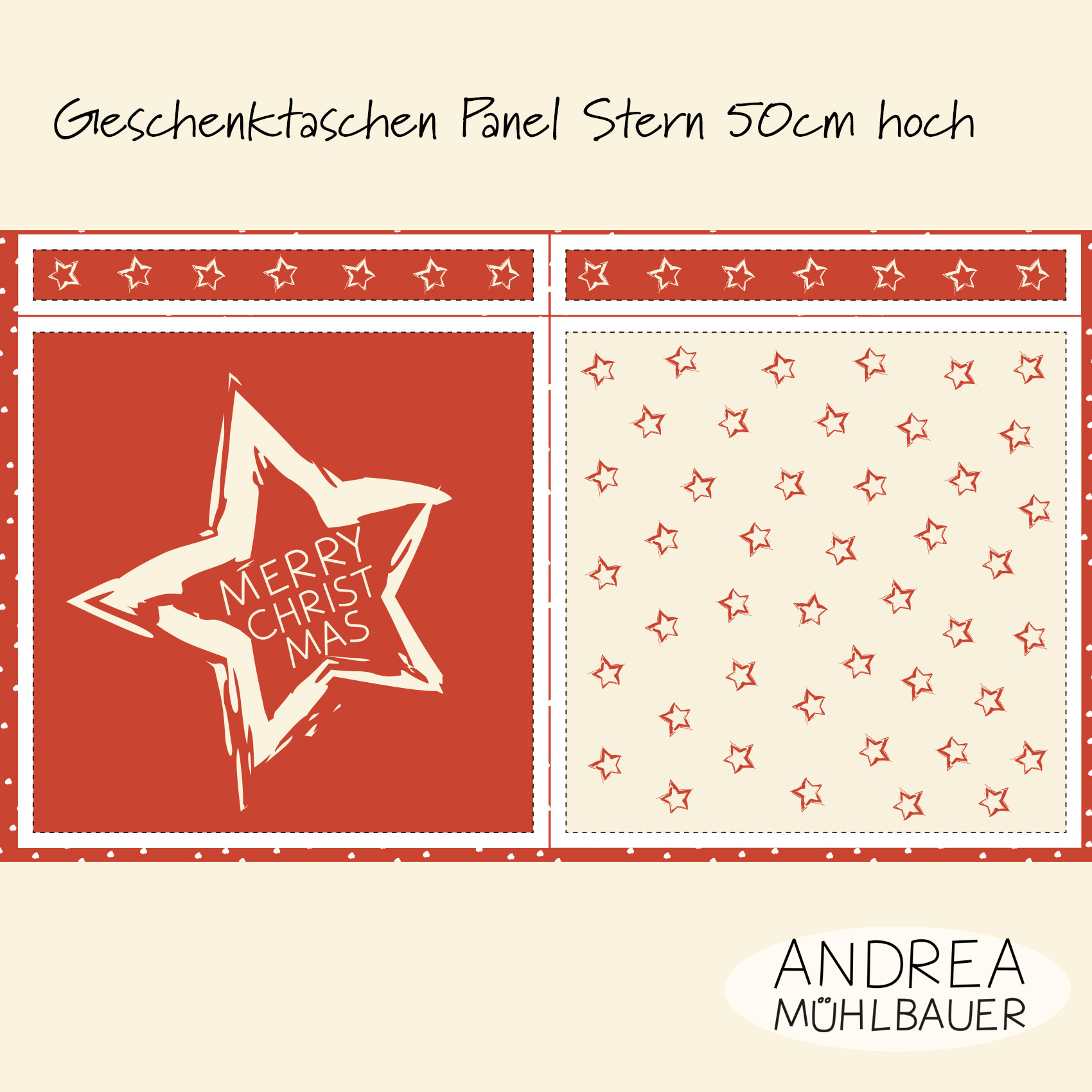 Bio Webware Stoff  -  50 cm Panel Geschenktasche Stars Red  - AndreaMuehlbauer, rot, 100% Bio-Baumwolle