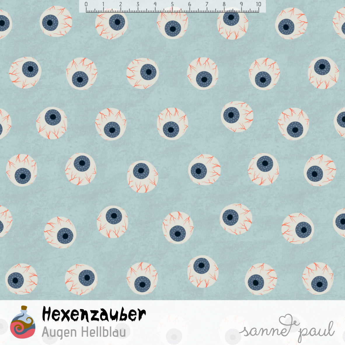 Bio Webware Stoff  - Hexenzauber Augen Hellblau - SannePaul, Tiere, blau, Halloween, 100% Bio-Baumwolle