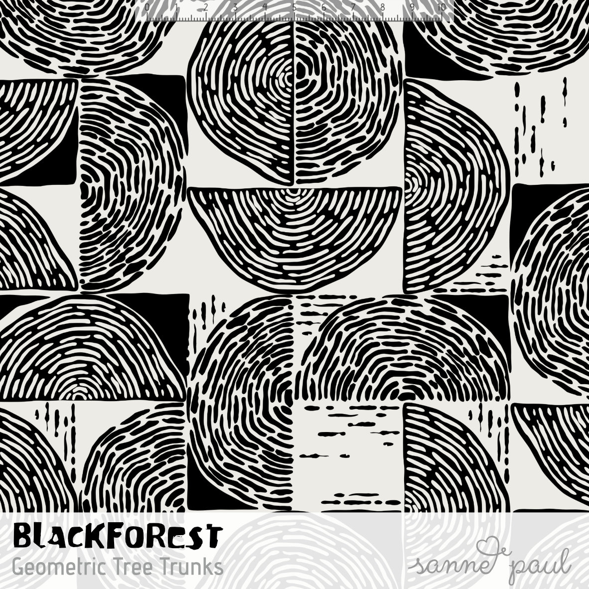 Bio Stoff  -  Black Forest Geometric Tree Trunks  - SannePaul, schwarz, weiß