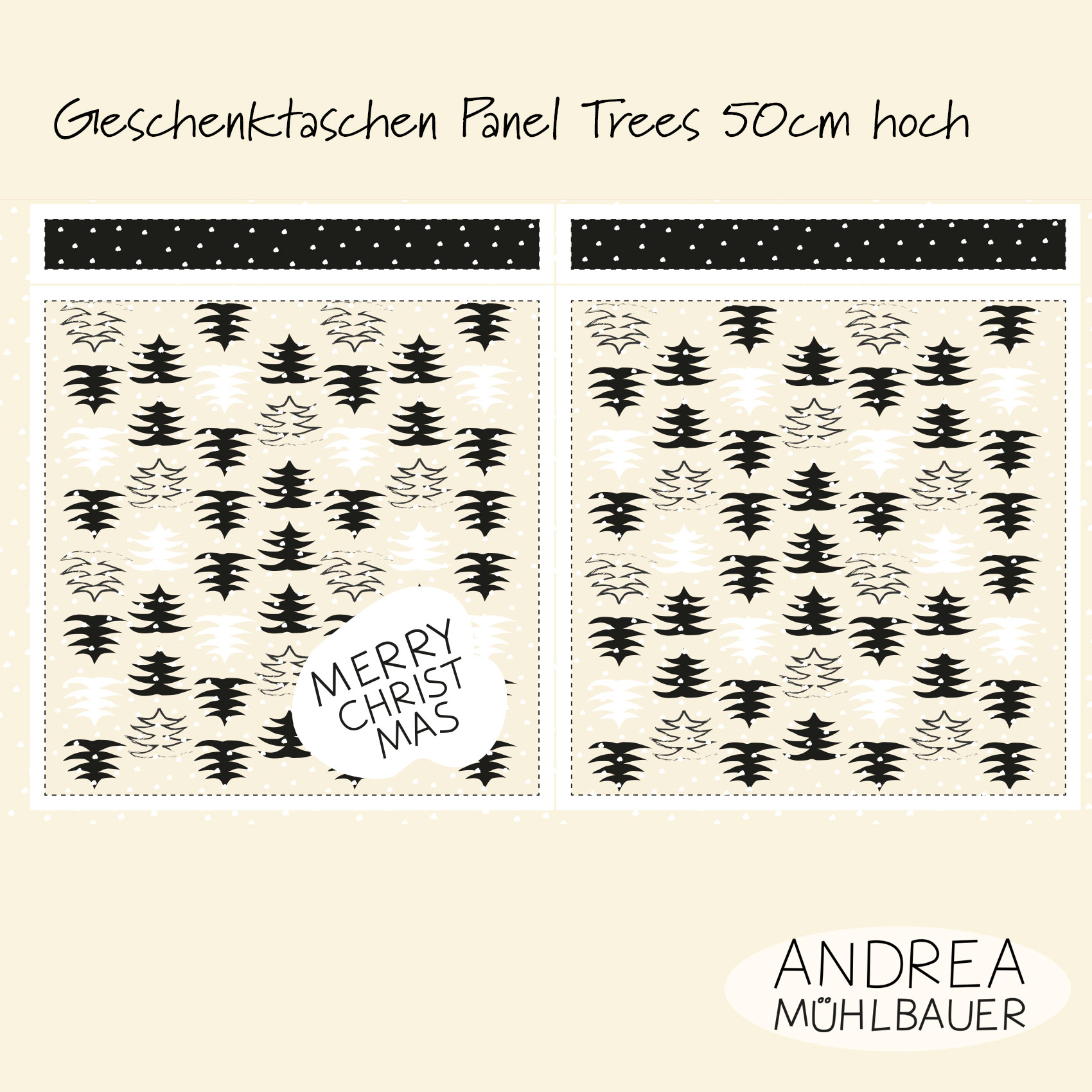 Bio Webware Stoff  -  50 cm Panel Geschenktasche Christmas in the Forest Tree black  - AndreaMuehlbauer, creme, 100% Bio-Baumwolle