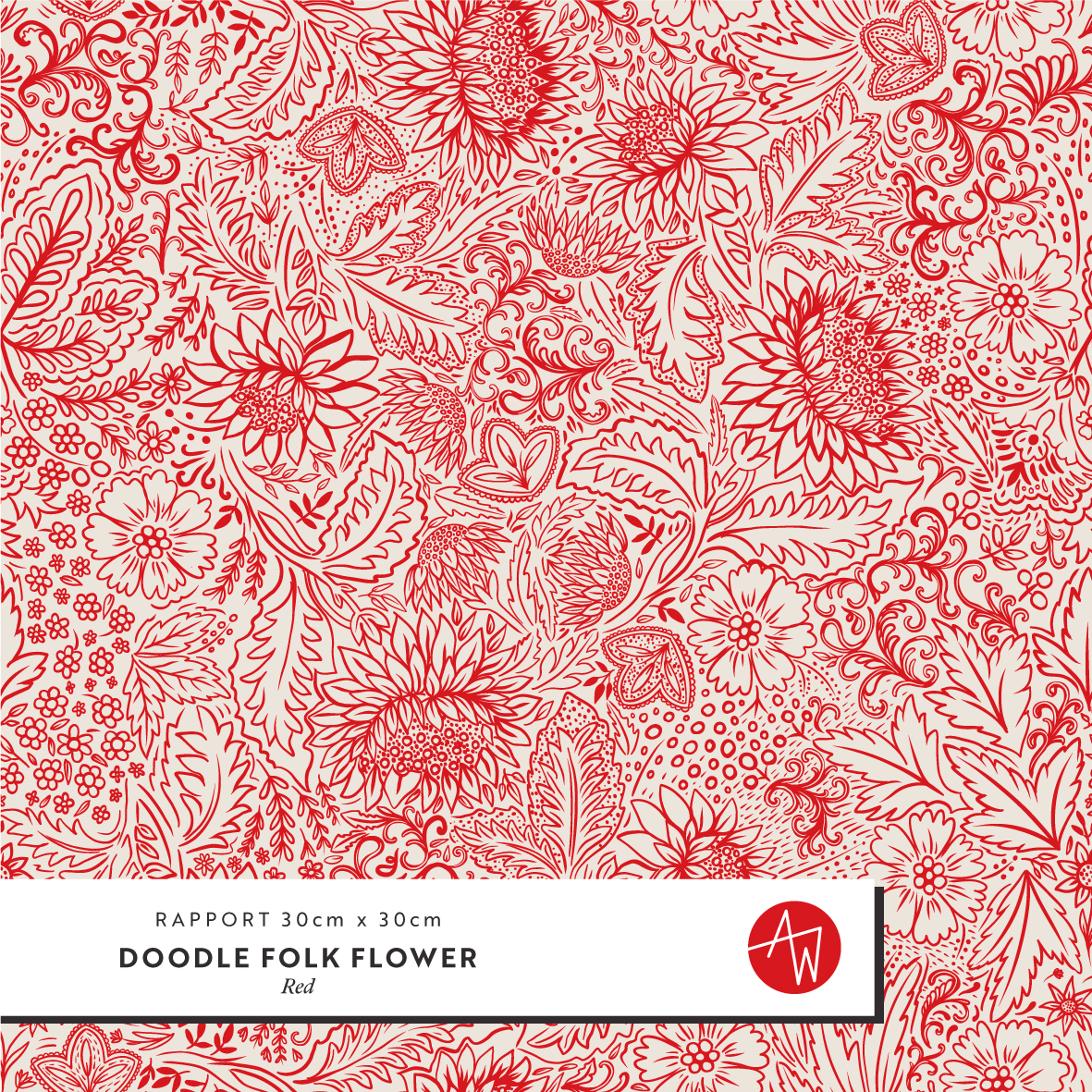 Bio Webware Stoff  - Doodle Folk Flower Red - AlexandraWeise, rot, Floral & Blumen, 100% Bio-Baumwolle