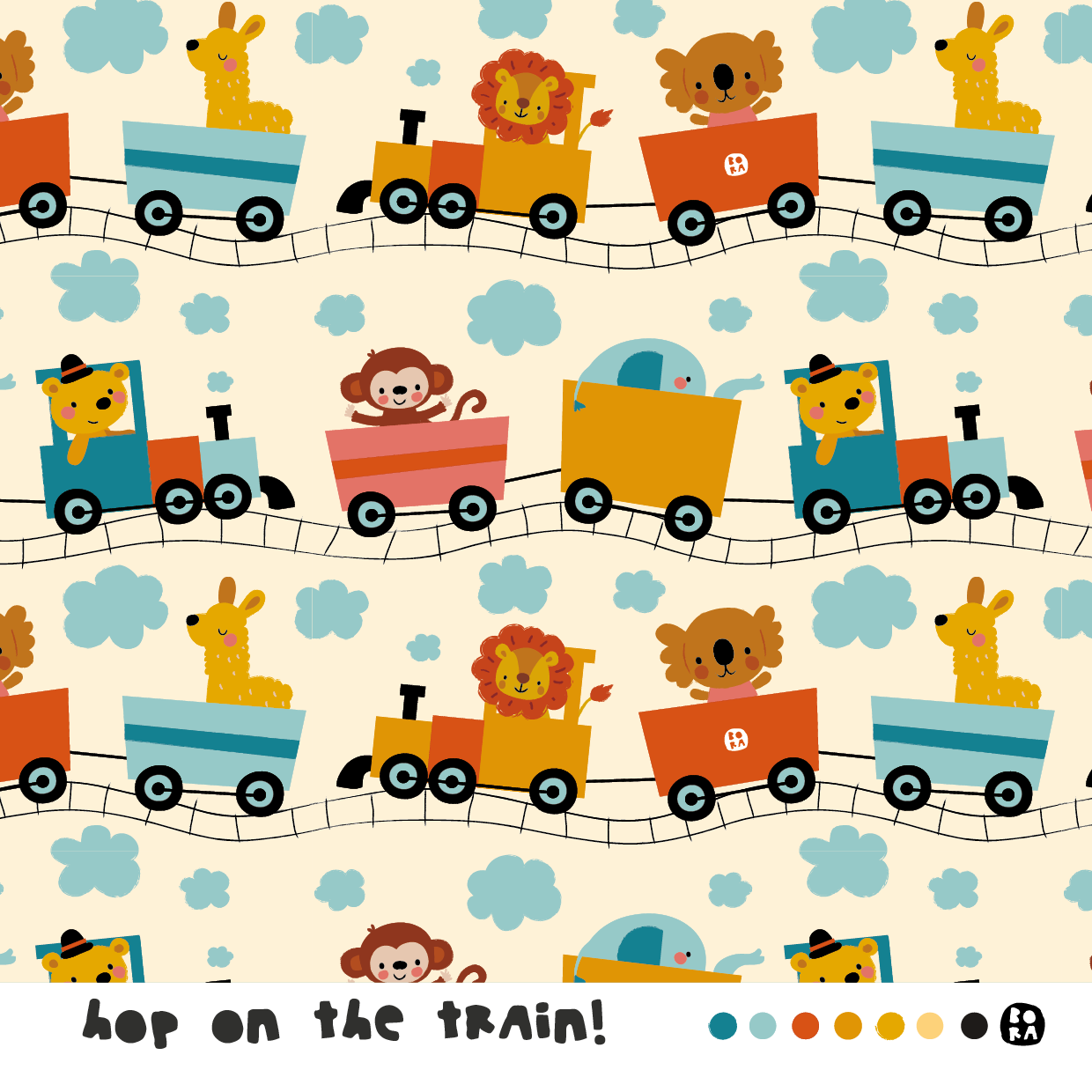 Bio Webware Stoff  -  Hop On The Train  - Bora, Tiere, creme, Fahrzeuge, 100% Bio-Baumwolle