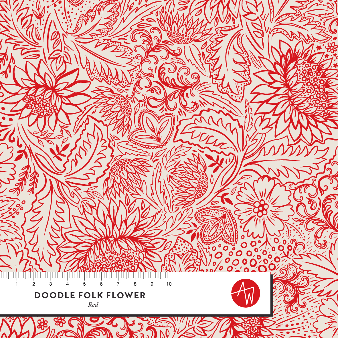 Bio Webware Stoff  - Doodle Folk Flower Red - AlexandraWeise, rot, Floral & Blumen, 100% Bio-Baumwolle