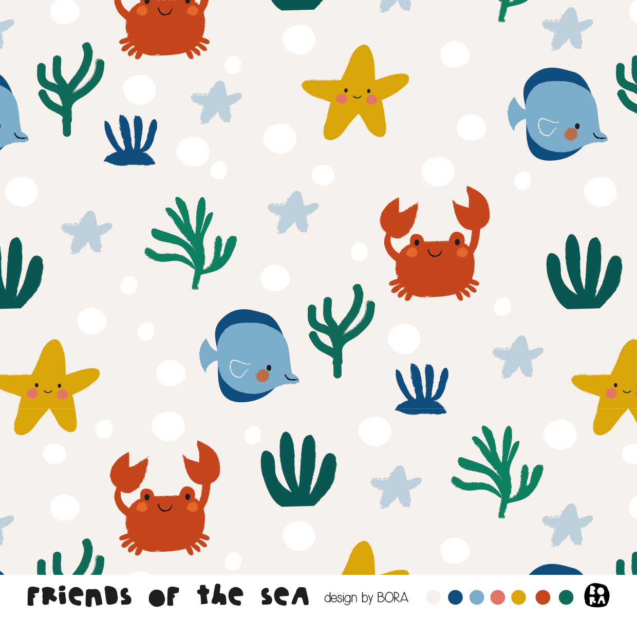 Bio Webware Stoff  -  Friends Of The Sea  - Bora, creme, Tiere, Maritim, 100% Bio-Baumwolle