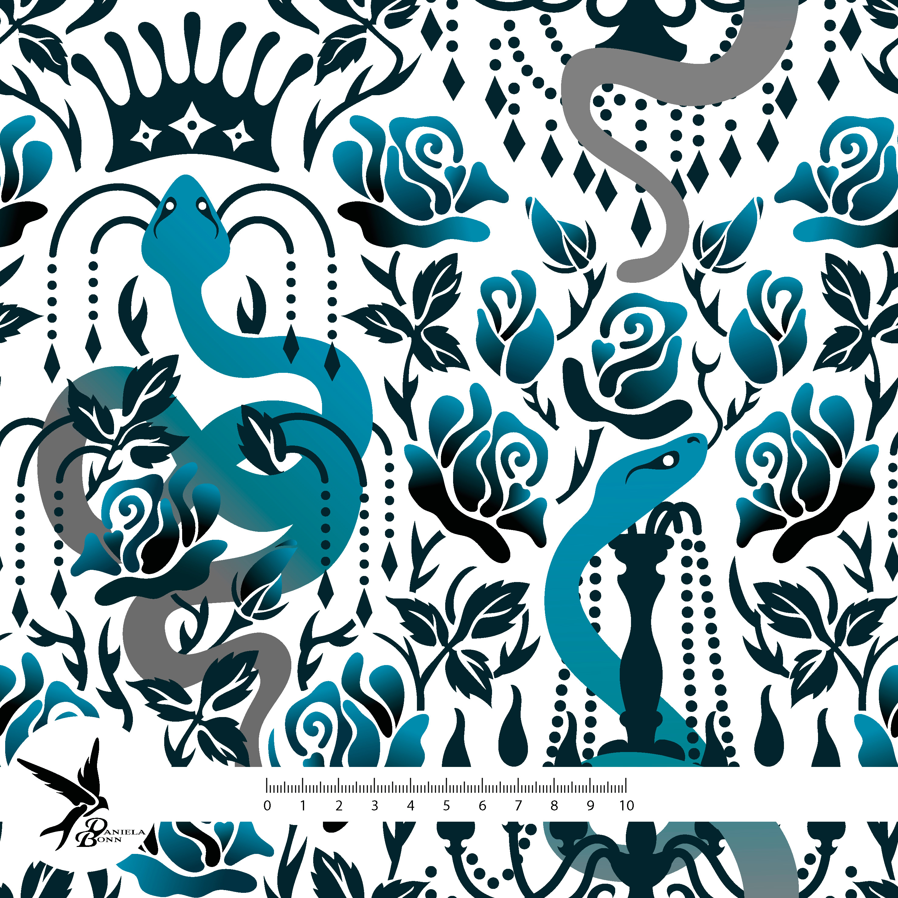 Bio Webware Stoff  - Queen of Snake - DanielaBonn, Blau, Ornamente, 100% Bio-Baumwolle