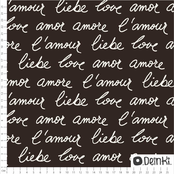 Bio Webware Stoff  -  Love Liebe Amor  - Deinki, weiß, Buchstaben & Zahlen, schwarz, 100% Bio-Baumwolle