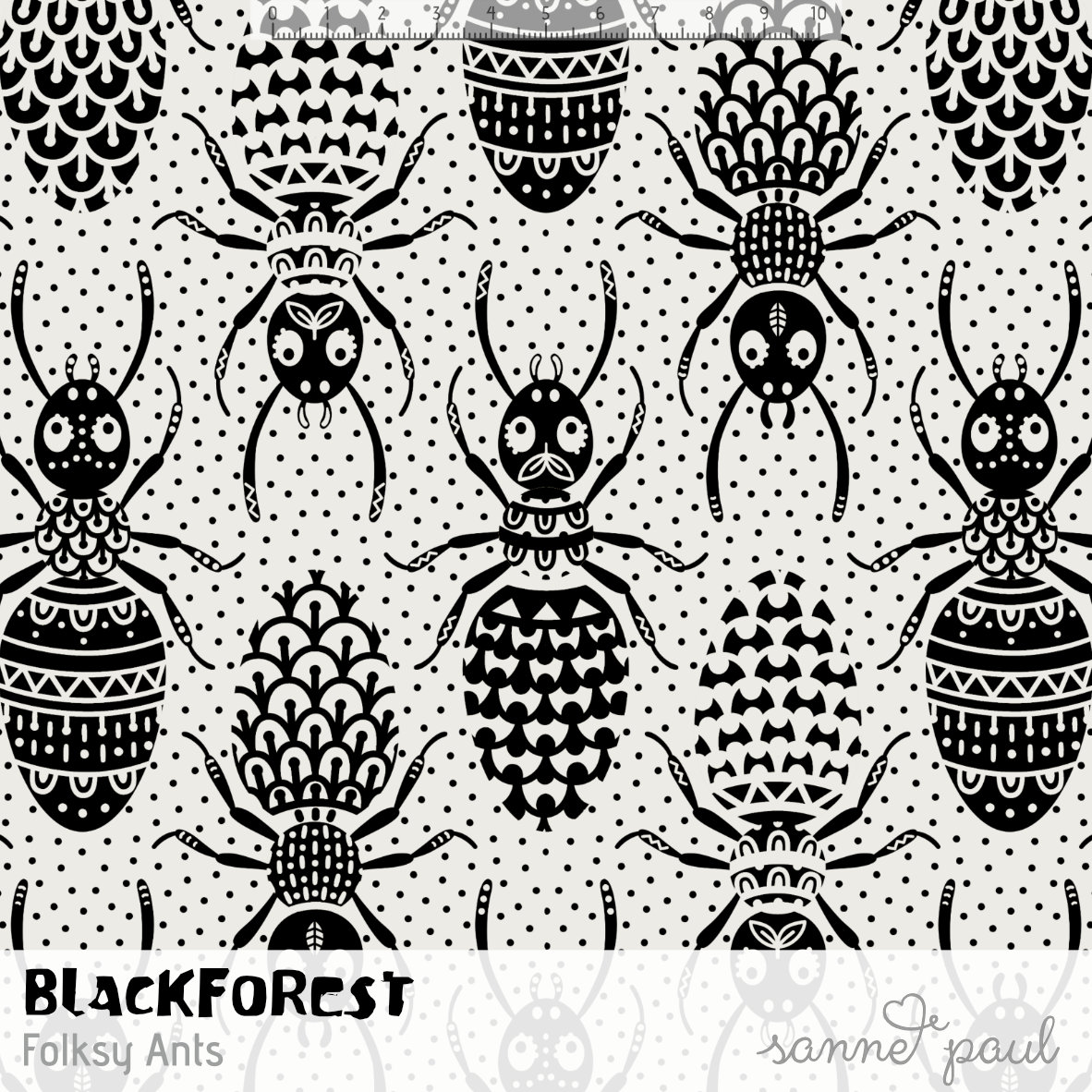 Bio Webware Stoff  -  Black Forest Folksy Ants  - SannePaul, Wald, Tiere, weiß, schwarz, 100% Bio-Baumwolle