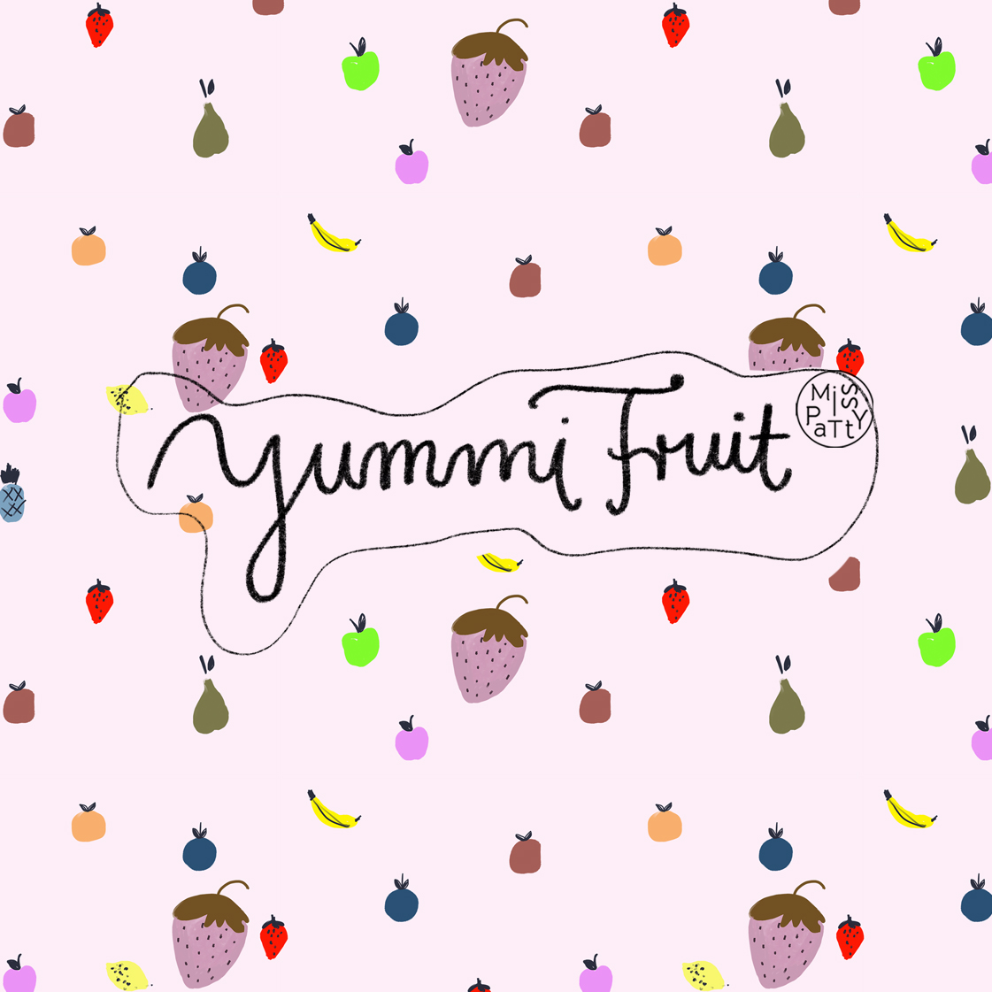 Bio Webware Stoff  -  Yummi Fruit  - MissPatty, bunt, rosa, Obst & Gemüse, 100% Bio-Baumwolle