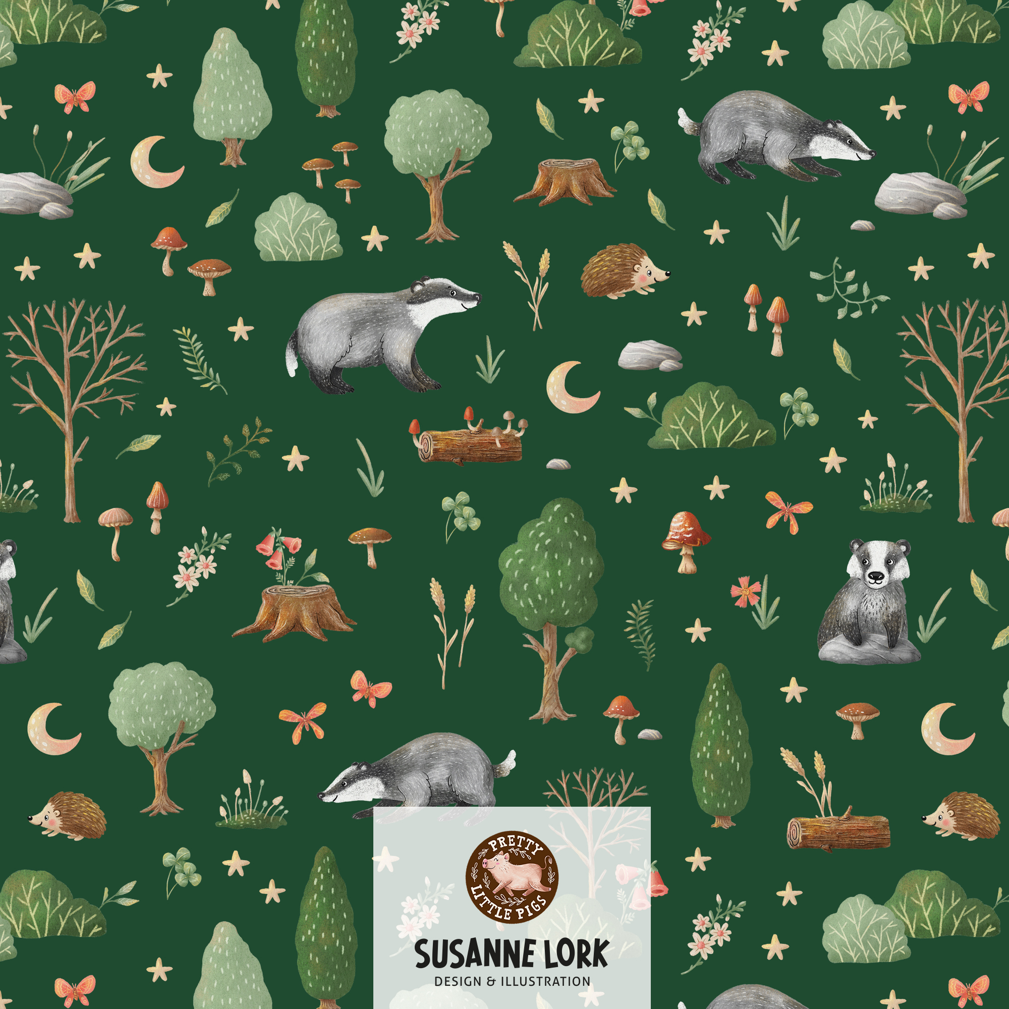 Bio Webware Stoff  -  Dachswald Darkforrest  - PrettyLittlePigs, grün, Wald, Tiere, Herbst, 100% Bio-Baumwolle