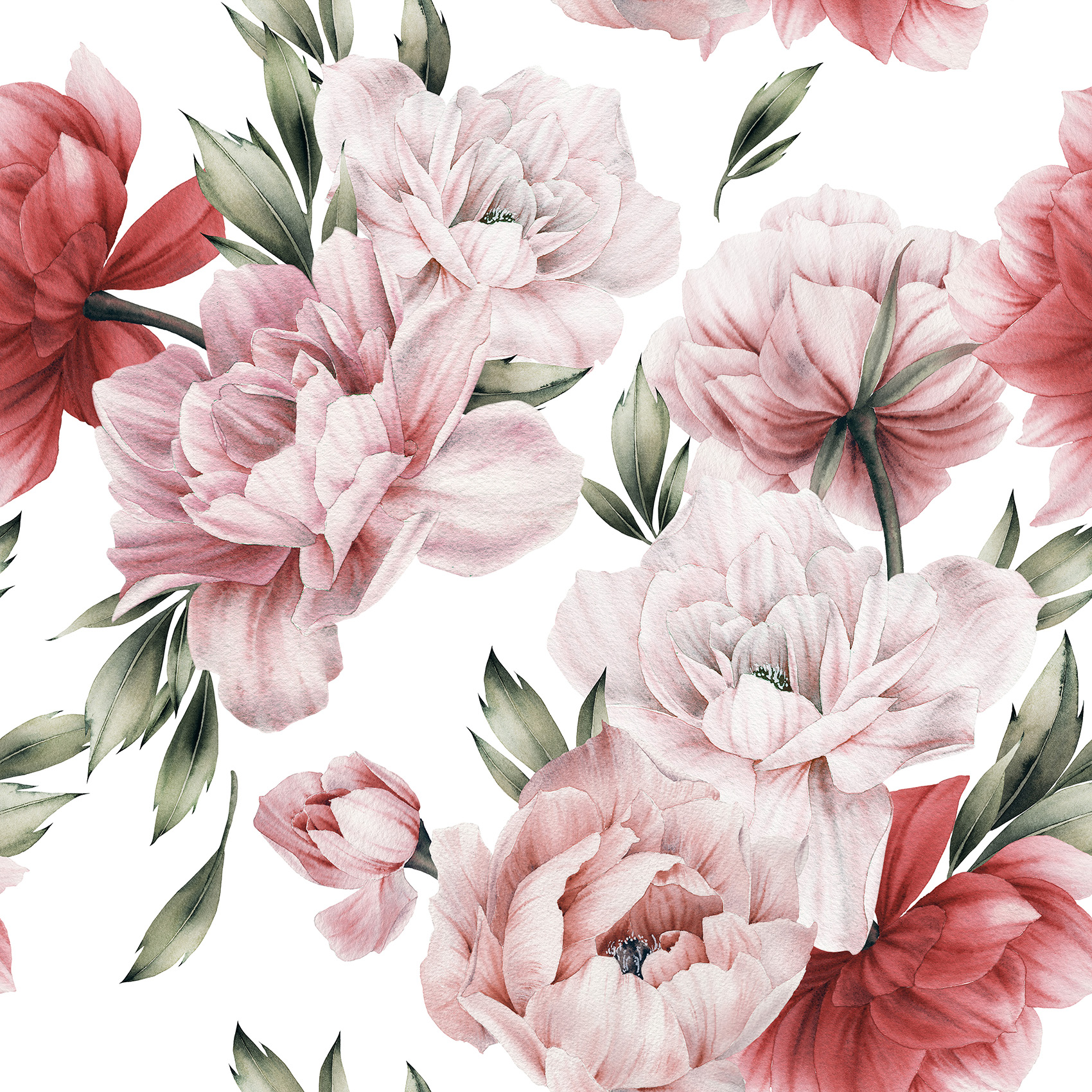 Bio Webware Stoff  -  Watercolor Peonies  - LilleSelection, weiß, Frühling, Floral & Blumen, rot, Sommer, rosa, 100% Bio-Baumwolle