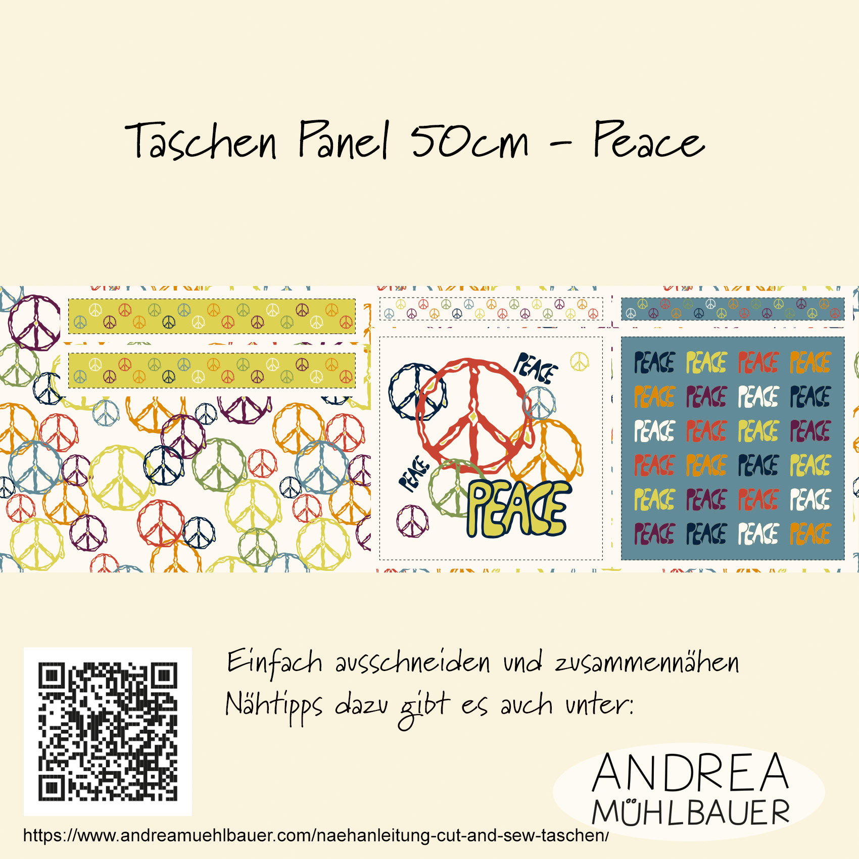 Bio Summersweat Stoff  - 50 cm Panel Peace Tasche - AndreaMuehlbauer, bunt, Schrift, Breite 150 cm