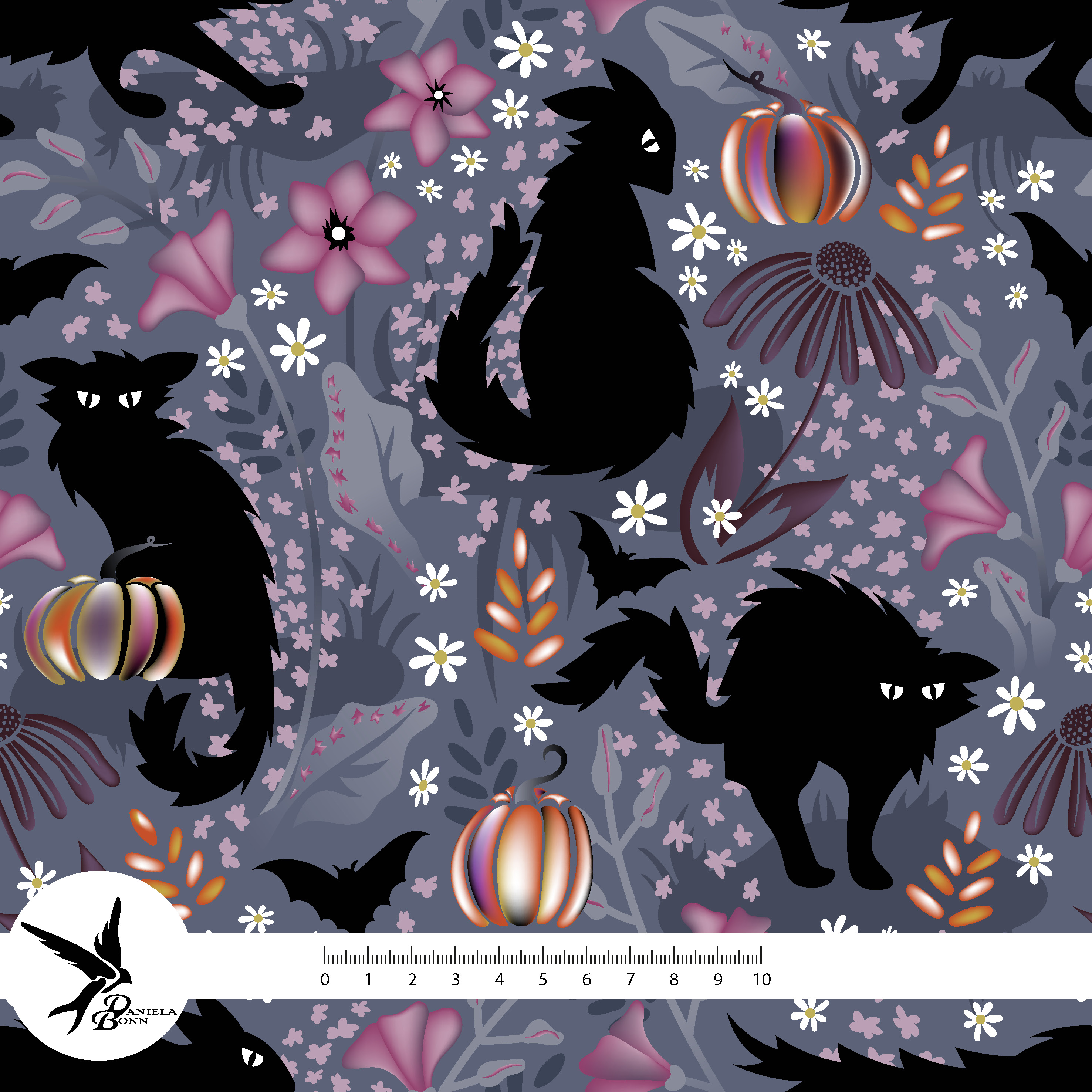 Bio Webware Stoff  -  Grumpy Black Cat Halloween  - DanielaBonn, Tiere, Halloween, lila, 100% Bio-Baumwolle