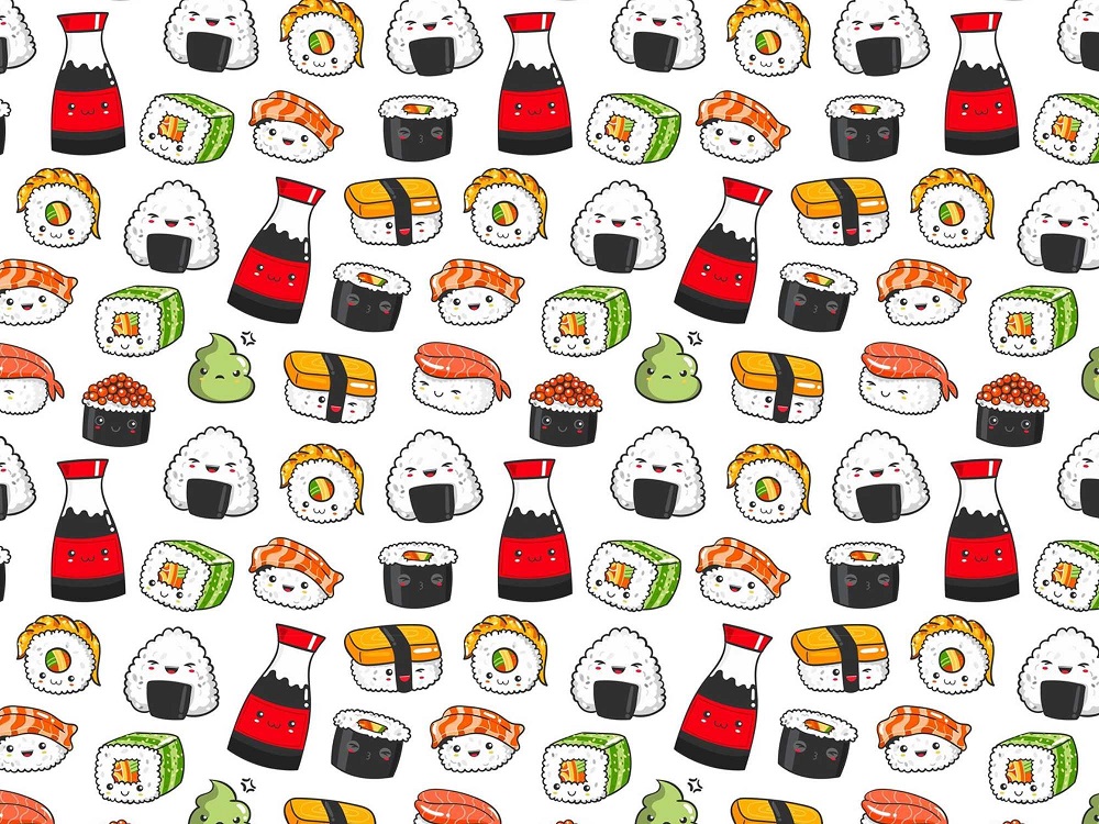 Bio Webware Stoff  -  Kawaii Sushi  - LilleSelection, weiß, Essen, 100% Bio-Baumwolle