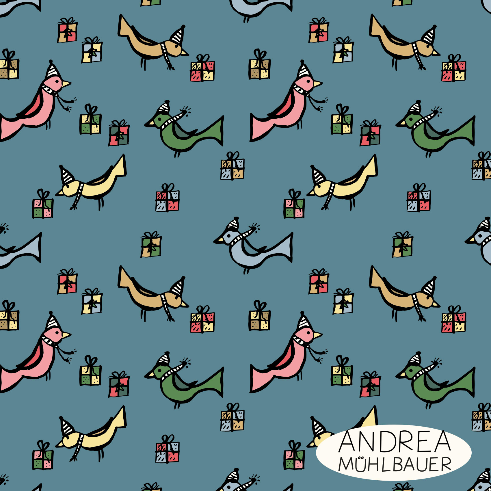 Bio Summersweat Stoff  - Christmas Birds and Gifts on blue - AndreaMuehlbauer, Tiere, Weihnachten, blau, Breite 150 cm