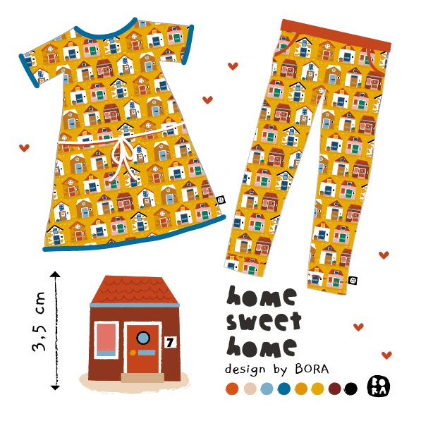 Bio Webware Stoff  -  Home Sweet Home  - Bora, bunt, senf, 100% Bio-Baumwolle