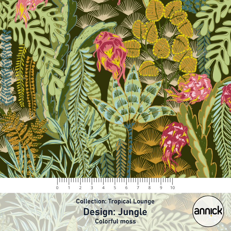 Bio Summersweat Stoff  - Tropical Lounge Jungle Colorful Moss  - Annick, grün, Blätter & Ranken, Breite 150 cm