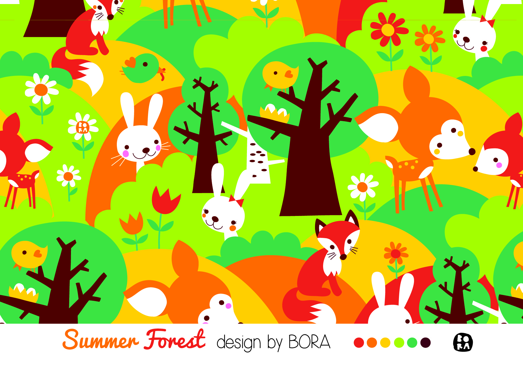 Bio Webware Stoff  -  Summer Forest  - Bora, grün, Tiere, Natur, 100% Bio-Baumwolle