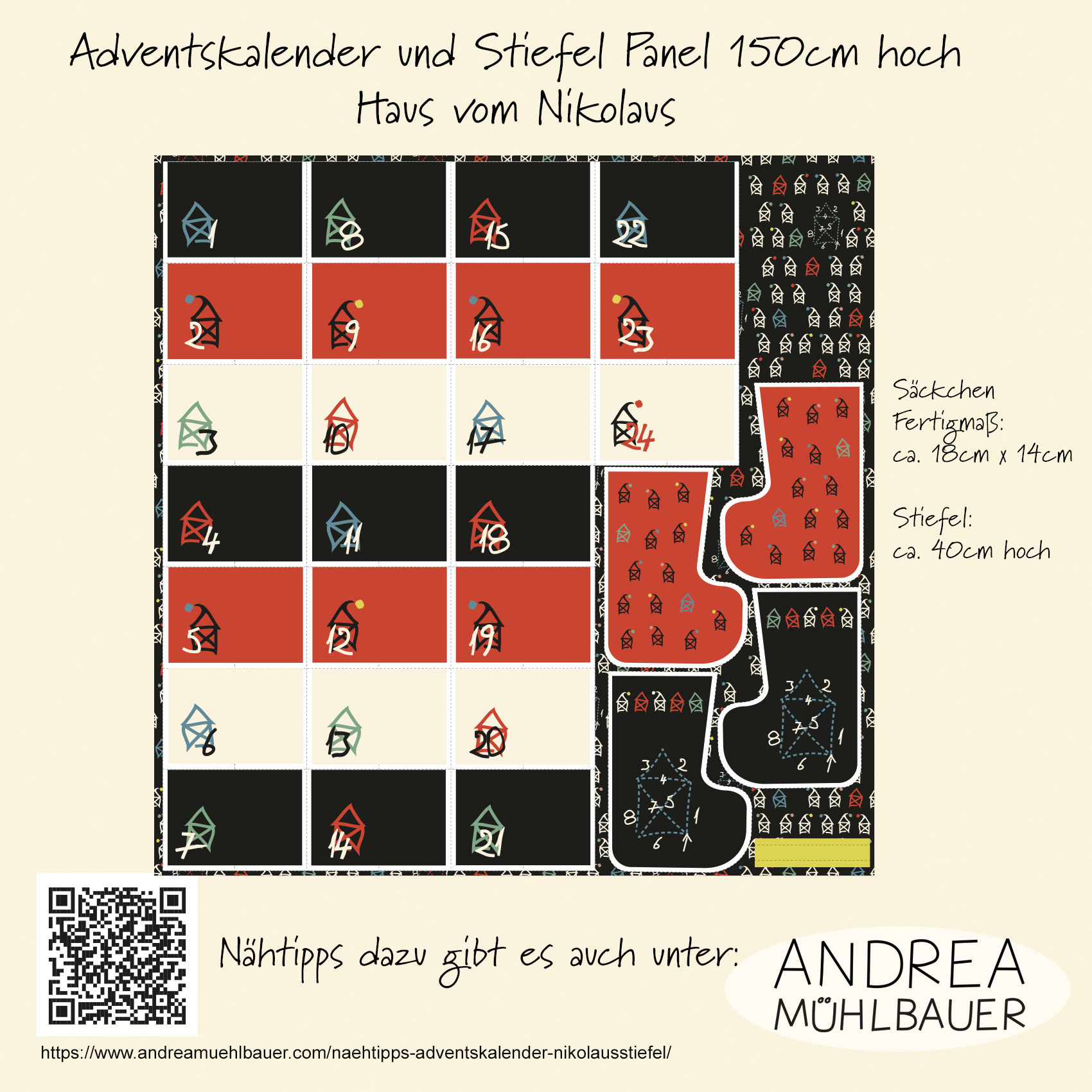 Bio Summersweat Stoff  - 1,50 m Panel Haus vom Nikolaus Adventssäckchen und Stiefel- AndreaMuehlbauer, Weihnachten, bunt, Breite 150 cm